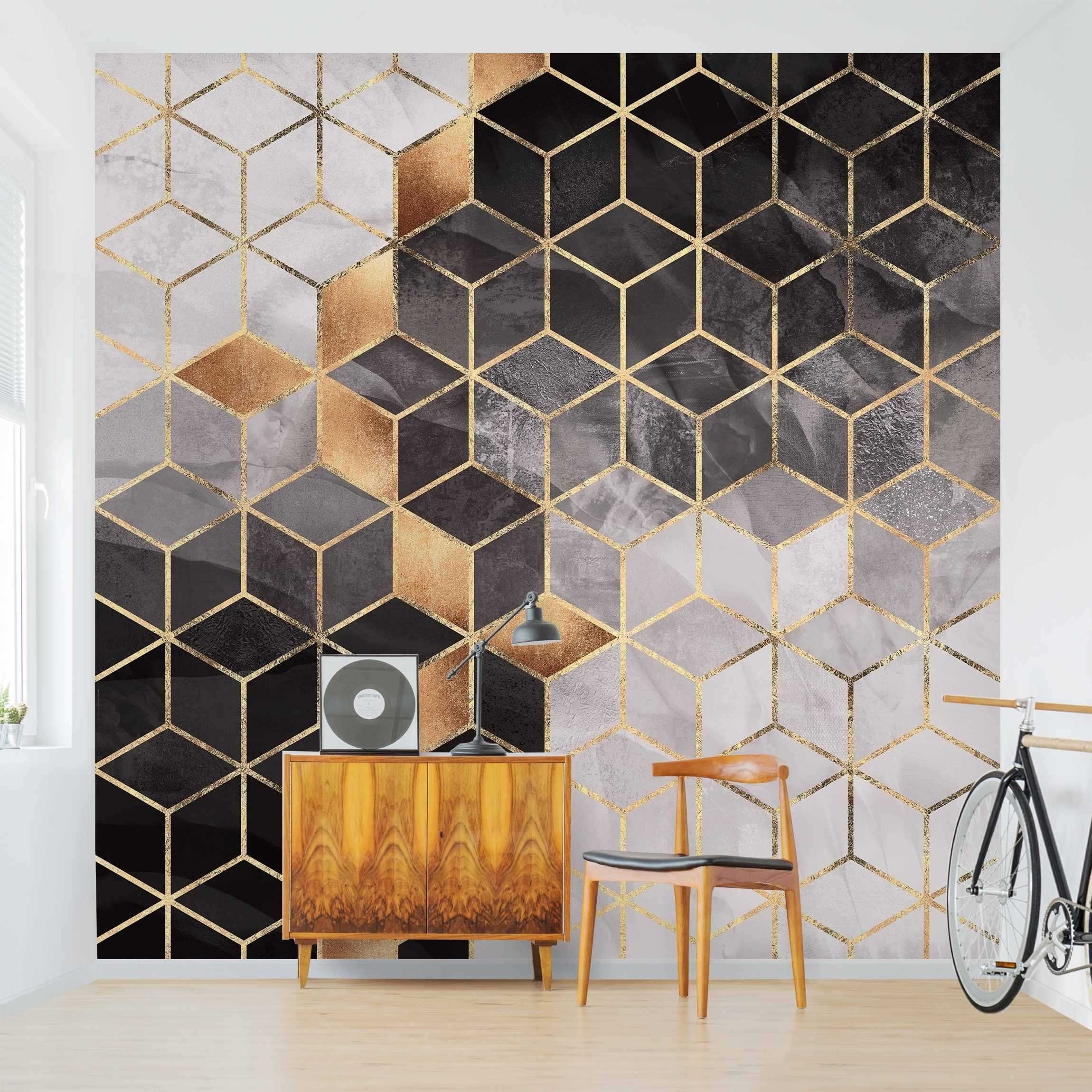 Bilderdepot24 Vliestapete Abstrakt Schwarz Weiß goldene Geometrie Tapete Wanddeko Modern Kunst, Glatt, Matt, (Inklusive Gratis-Kleister oder selbstklebend), Wohnzimmer Schlafzimmer Küche Flur Fototapete Motivtapete Wandtapete