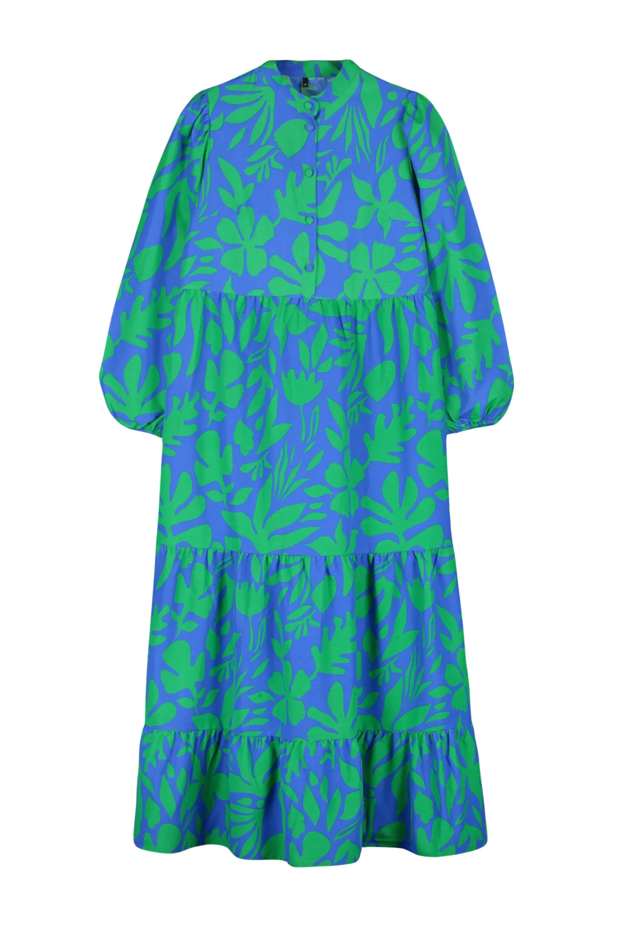 Trendyol Modest  Blaues gemustertes Kleid aus gewebter Baumwolle mit halber Knopfleiste und weiter Passform TCTSS23EB00222