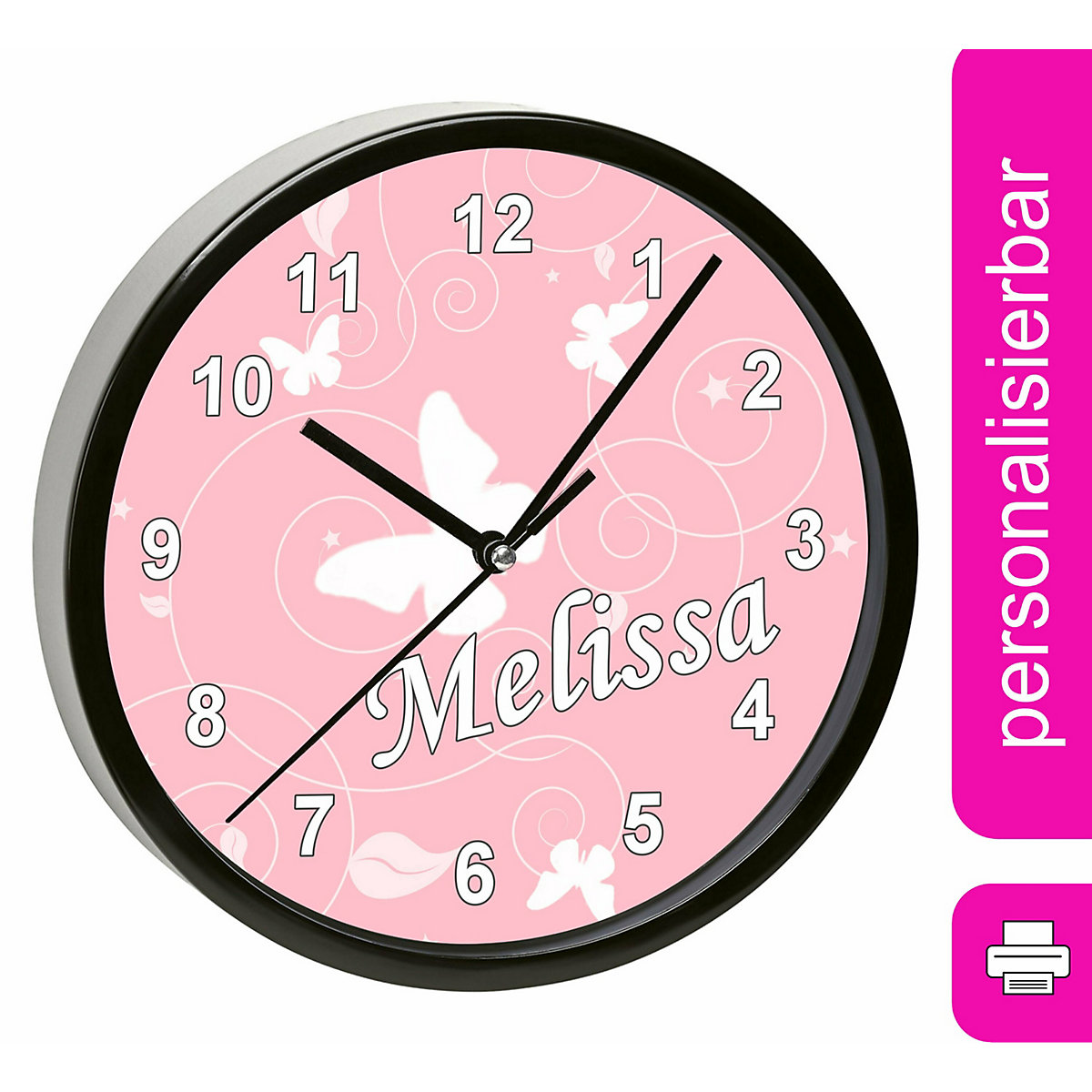 Kinder Wanduhr personalisiert mit Name Schmetterling Altrosa