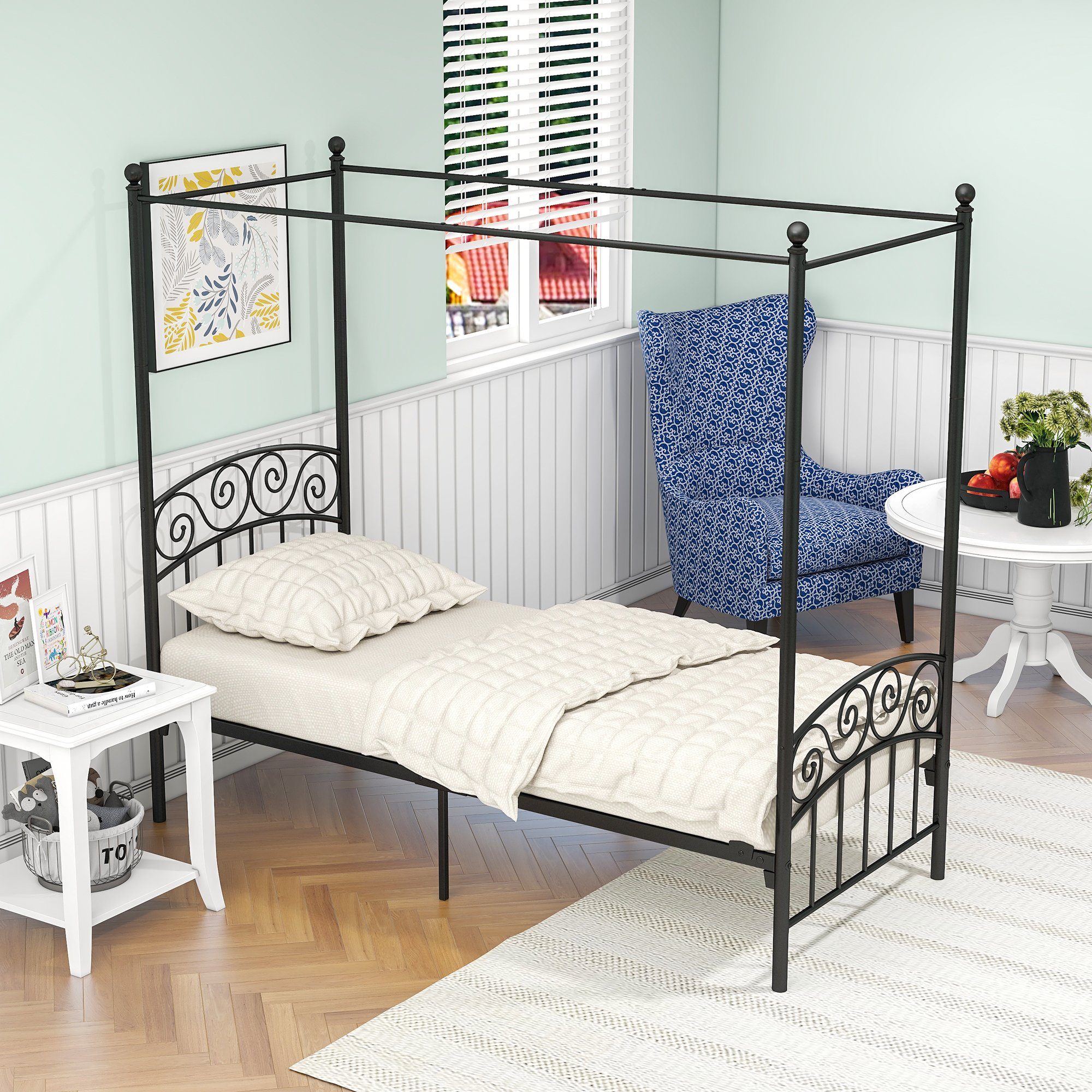 Gotagee Himmelbett Himmelbett Eisenbett Metallbett Bettgestell Schwarz 90x200 Einzelbett