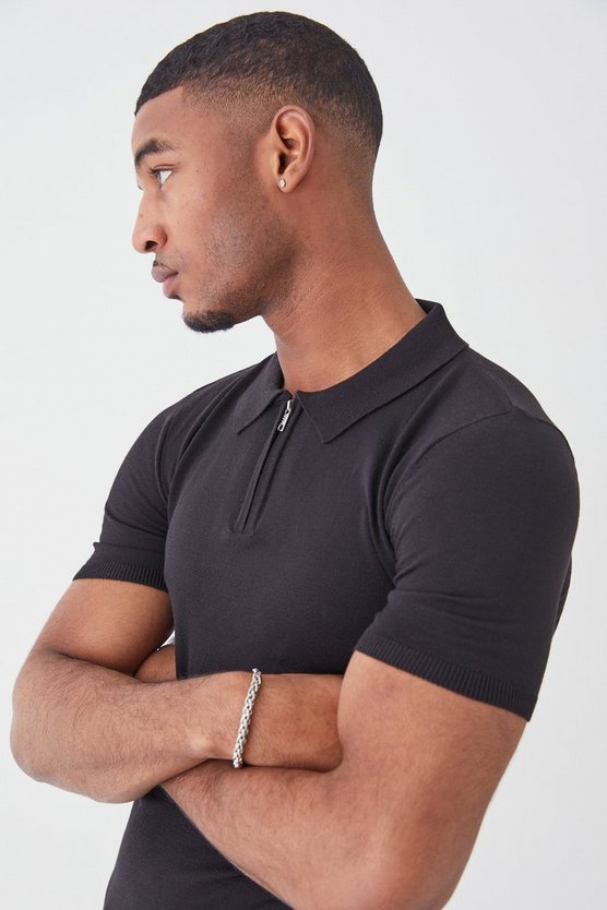 Tall kurzärmliges Muscle-Fit Poloshirt mit Reißverschluss