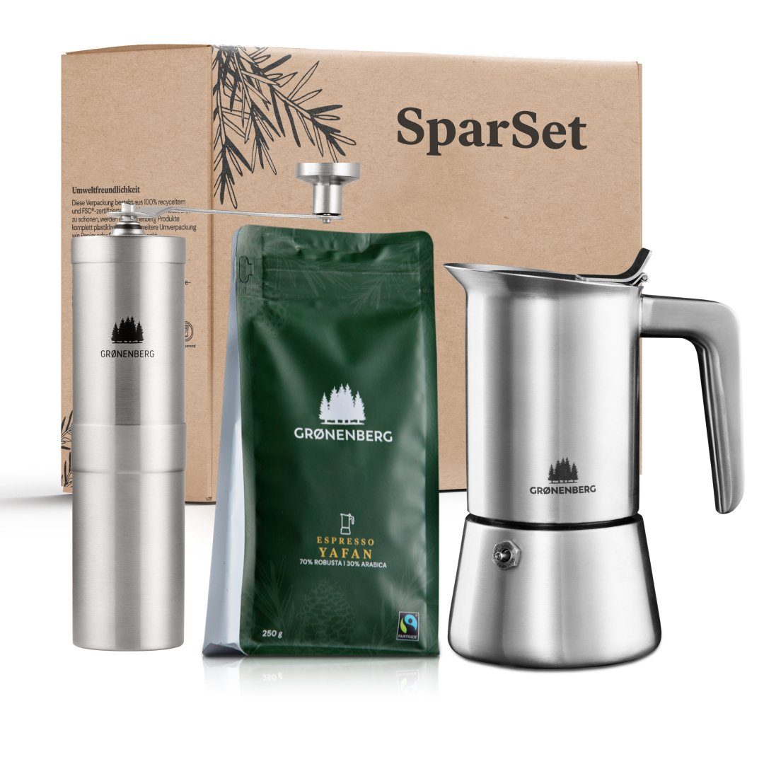 GRØNENBERG Espressokocher Spar Set 4: Espresso 250g + Kaffeemühle + Espressokocher (2, 4, 6 Cup), Induktion geeignet & Inkl. Ersatz Dichtung