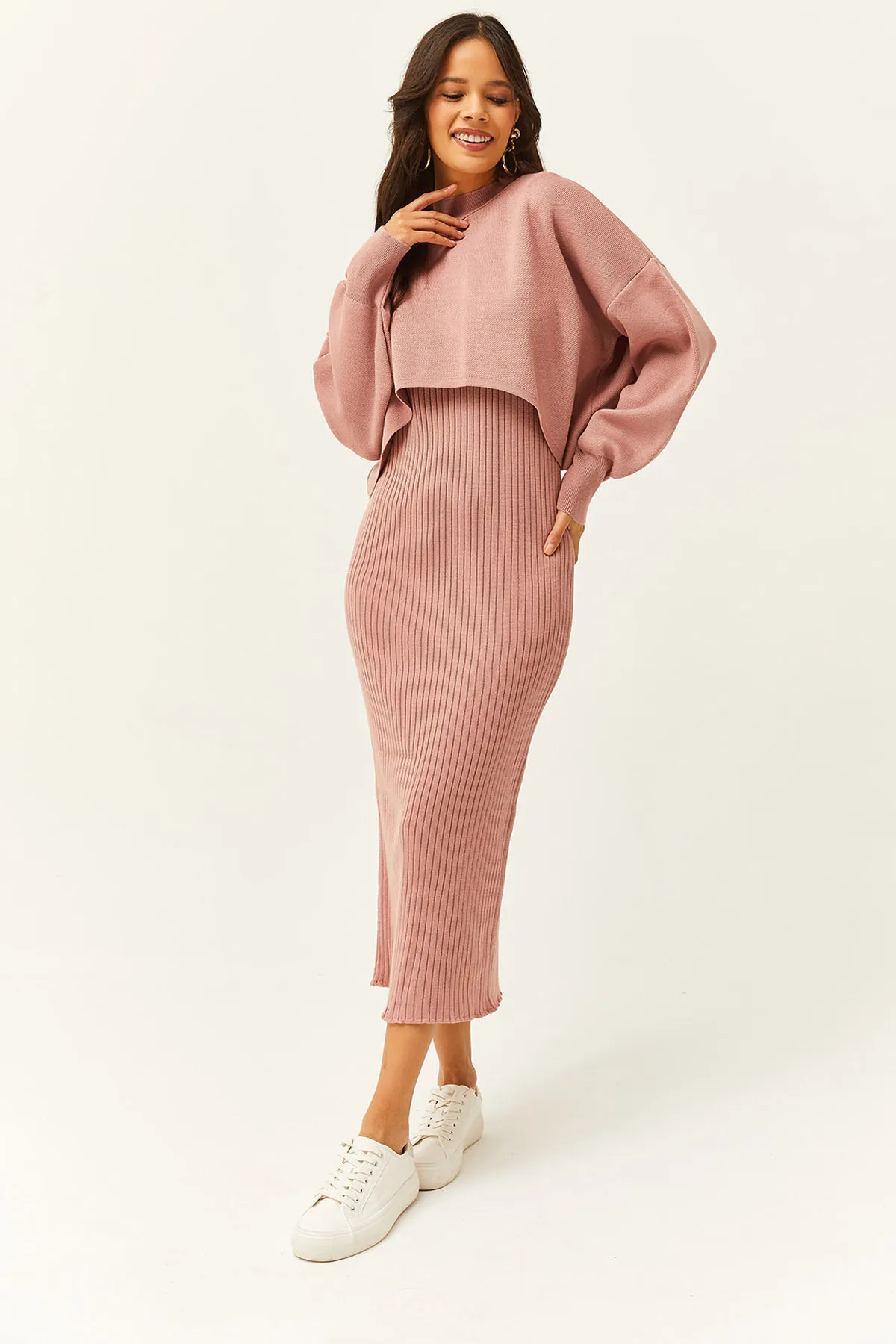 Olalook  Damen Dusty Rose Top Crop Sweater Bottom Strap Dress Strickanzug TKM-19000176