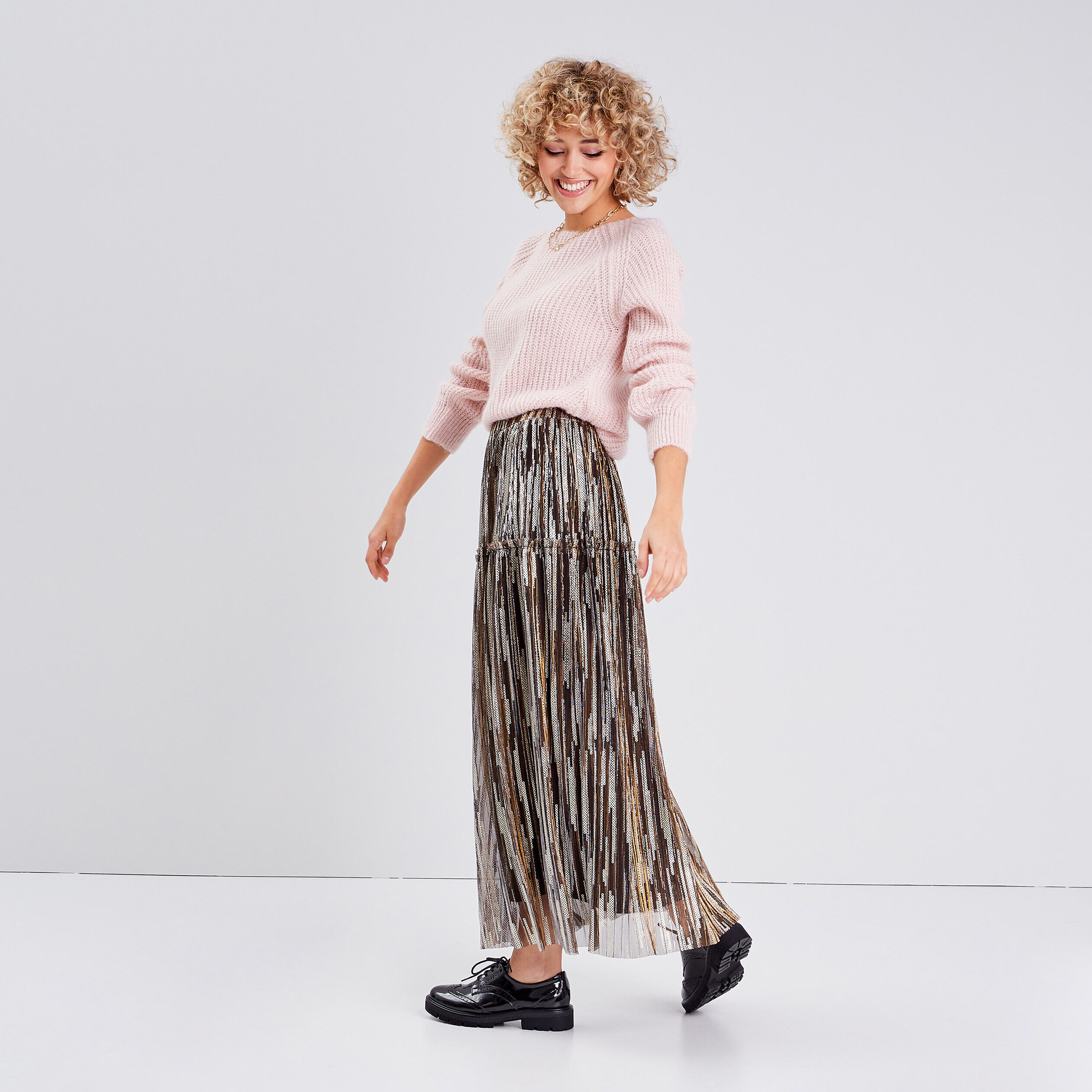 Jupe midi évasée taille haute couleur or femme | Cache Cache