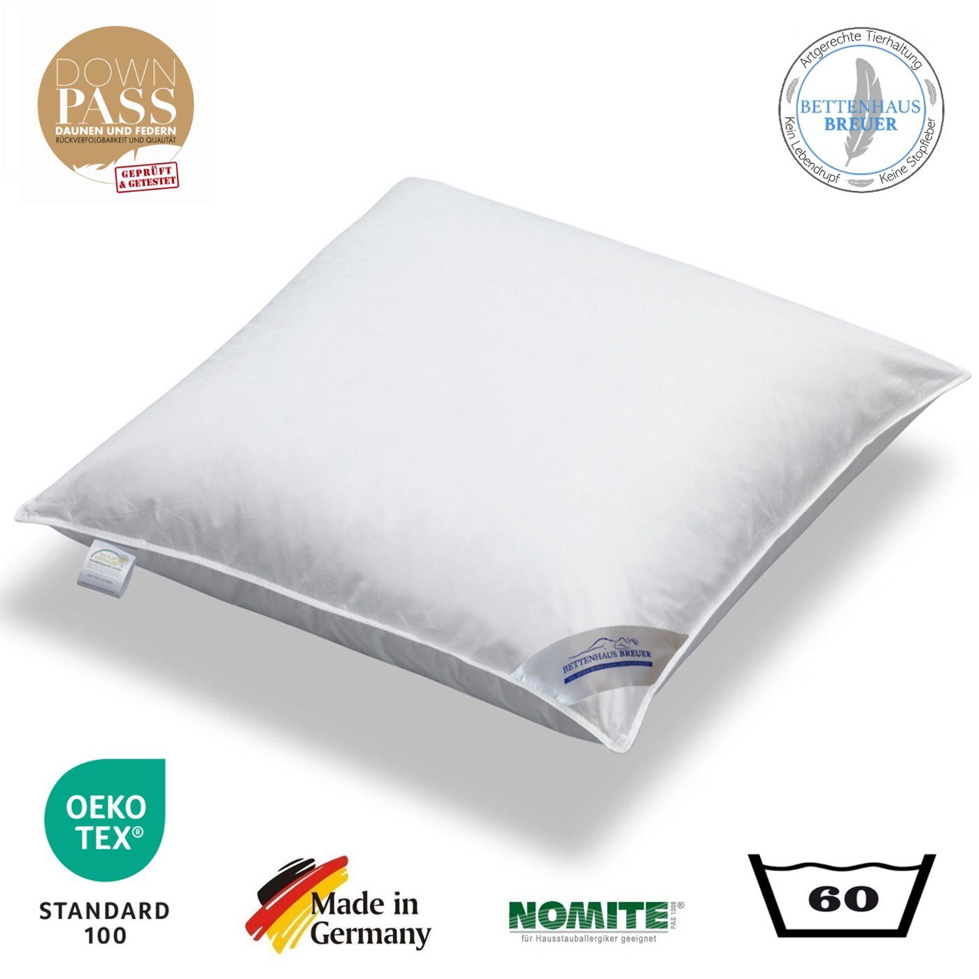 3-Kammer-Kopfkissen 3 Kammer Kopfkissen Luxus Kissen dick 1060g neue Daunen Klasse1 80x80, Bettenhaus Breuer, Füllung: Innenkammer 100% neue weiße Federn Klasse1, Außenkammer 60% neue weiße Daunen + 40% neue weiße Kleinstfederchen Klasse1, Bezug: 100