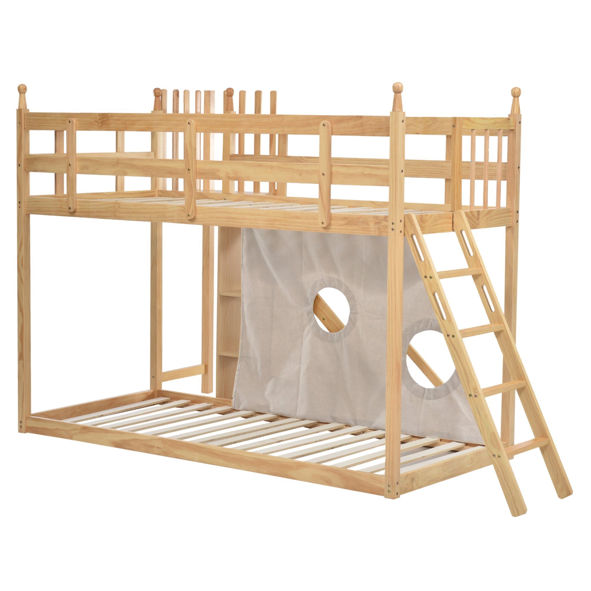 WISHDOR Holzbett Kinderbett, Etagenbett, Bett, Gästebetten, Hausbett 90x200cm (mit Fallschutz und Gitter, Rahmen aus Kiefer, mit Treppe und Zäune, mit Bettvorhang, Rutsche und Regal), Ohne Matratze
