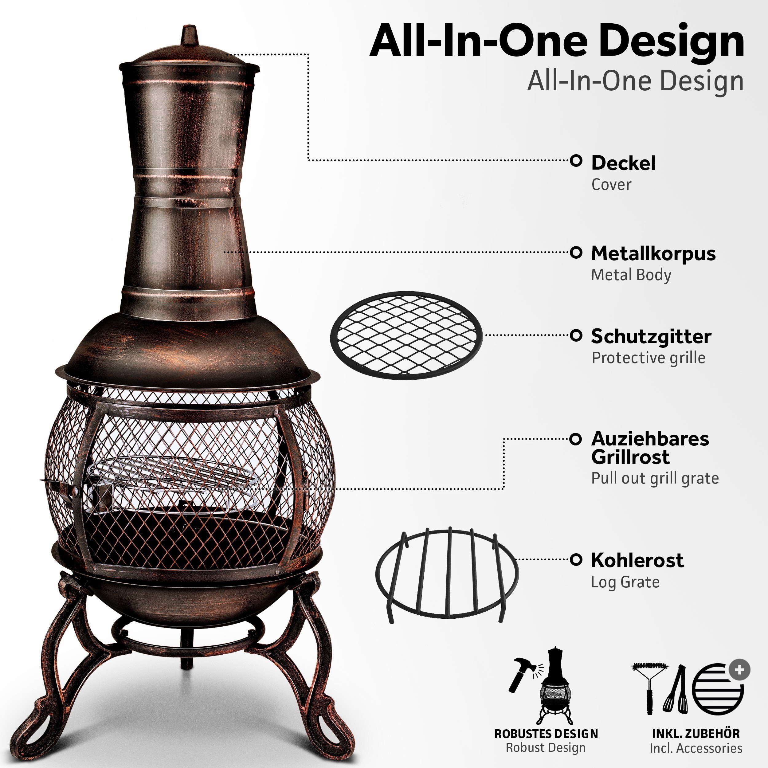tillvex Feuerkorb Terrassenofen mit Funkenschutz & Zubehör, Gartenkamin mit Abdeckung, (Terrassenofen), Gartenofen Feuerstelle mit Grillfunktion & BBQ Grillrost