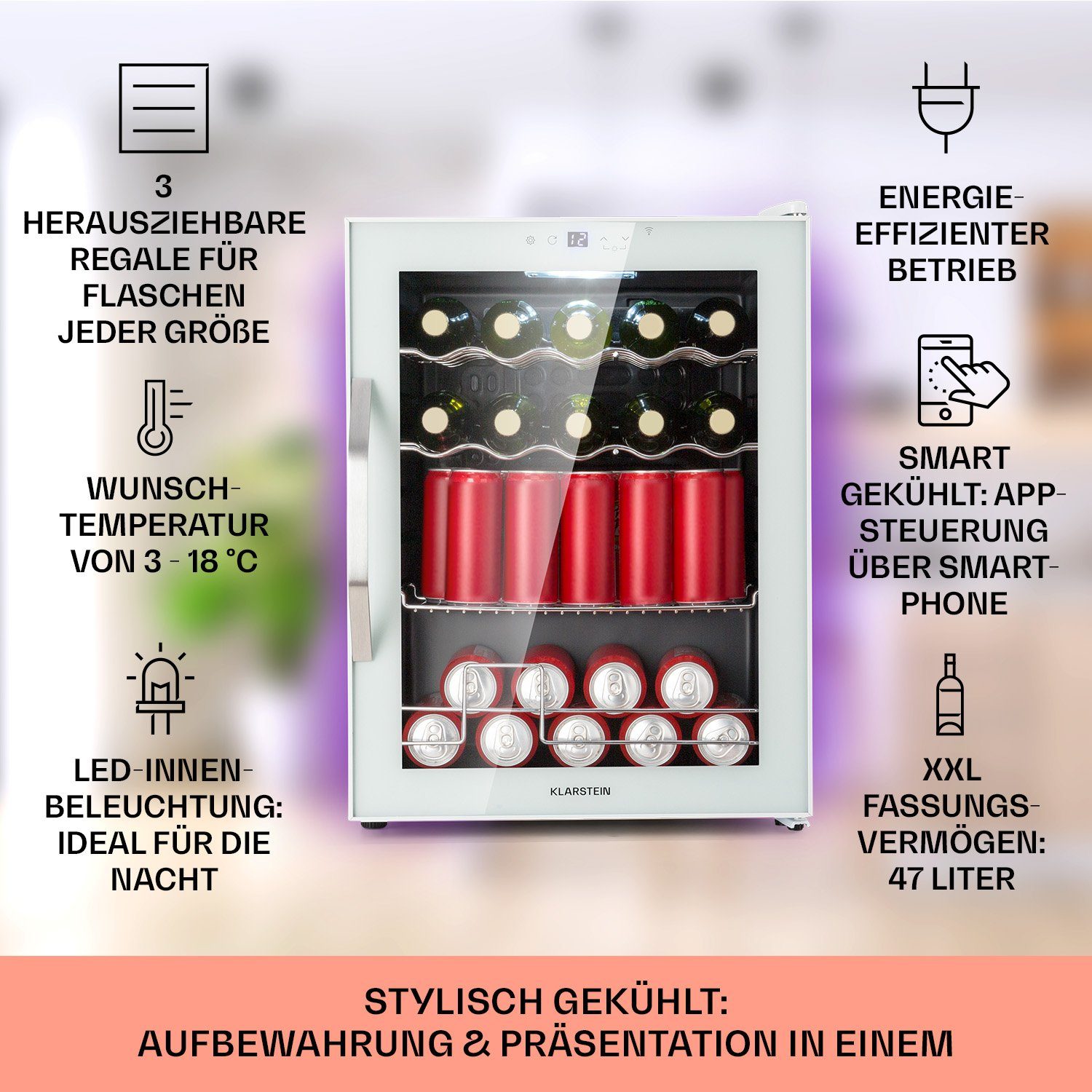 Klarstein Getränkekühlschrank HEA-Coachella 60-wh 10045042, 47 cm hoch, 63.6 cm breit, Bierkühlschrank Getränkekühlschrank Flaschenkühlschrank mit Glastür