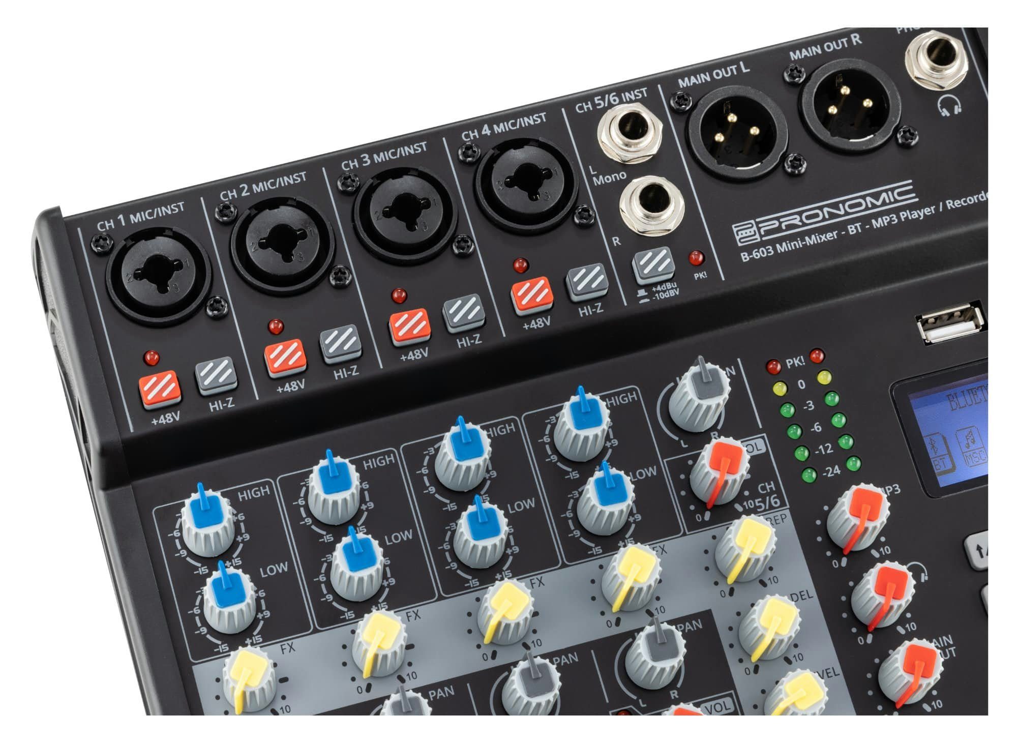 Pronomic Mischpult B-603 6-Kanal Mini-Mixer - Live/Studio DJ Mixer, mit Bluetooth und USB-Recording
