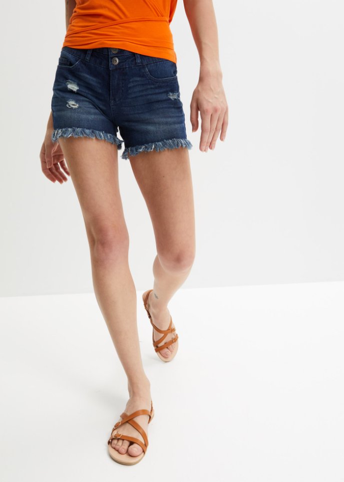 Jeans-Shorts mit Fransensaum