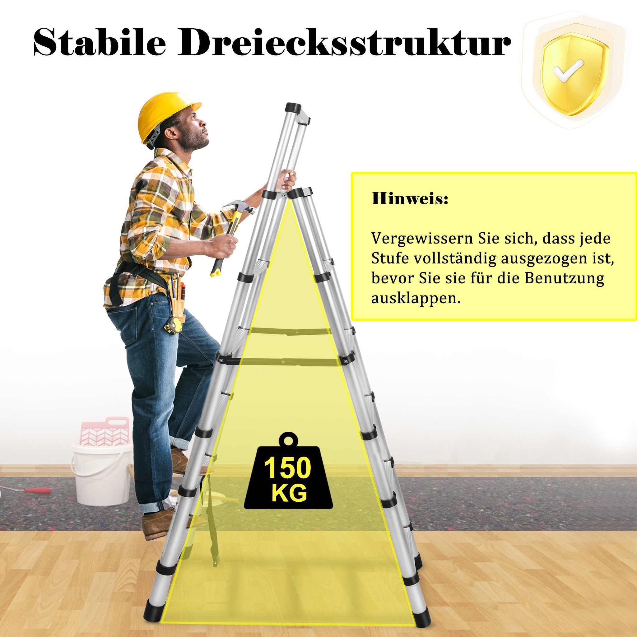 UISEBRT Teleskopleiter Klappbar Teleskopleiter Alu Mehrzweckleiter, 1,4m+1,7m