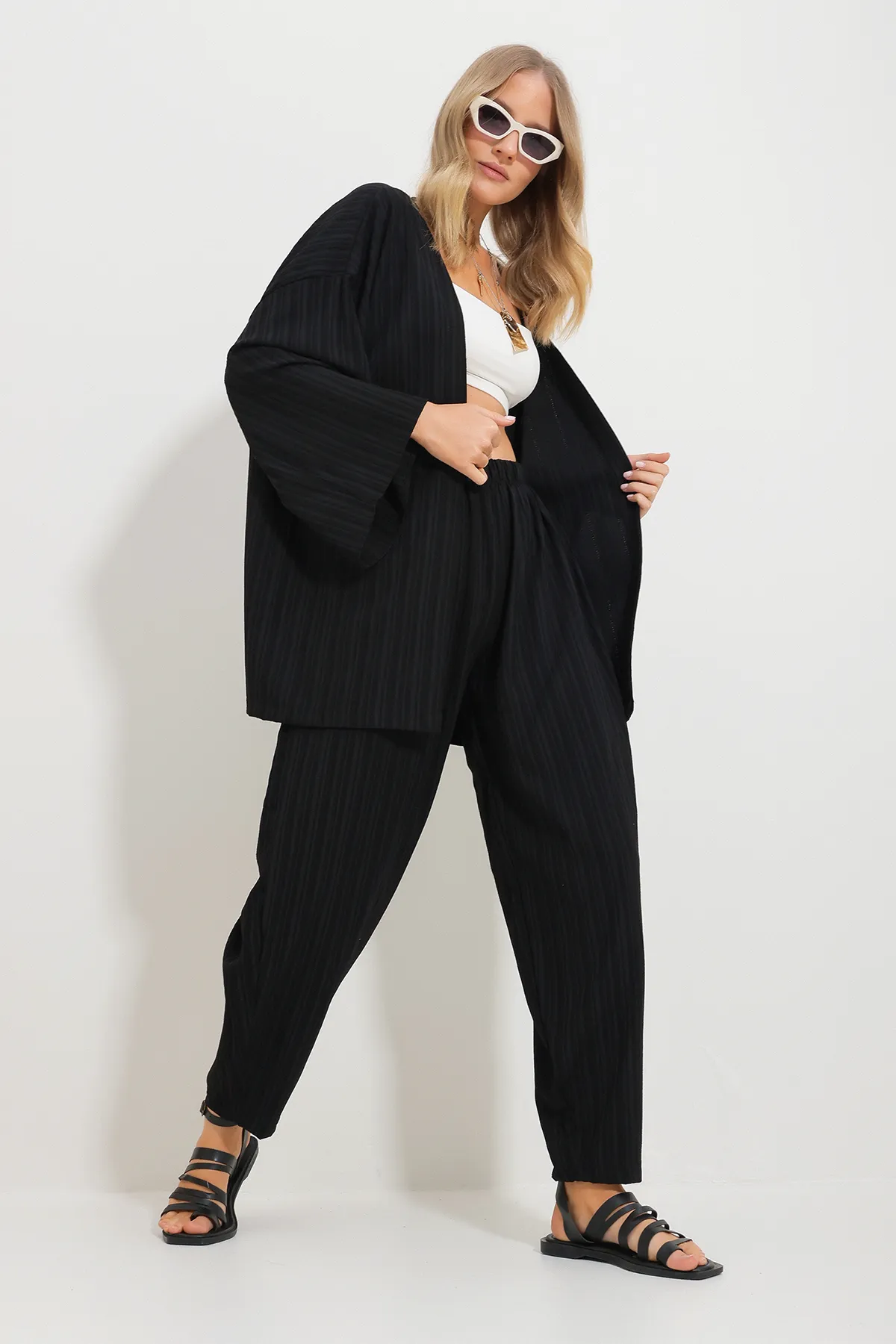 Trend Alaçatı Stili  Damen-Kimono-Jacke mit lockerer Passform, gewebt, Schwarz, Doppelanzug, Alc-X11694