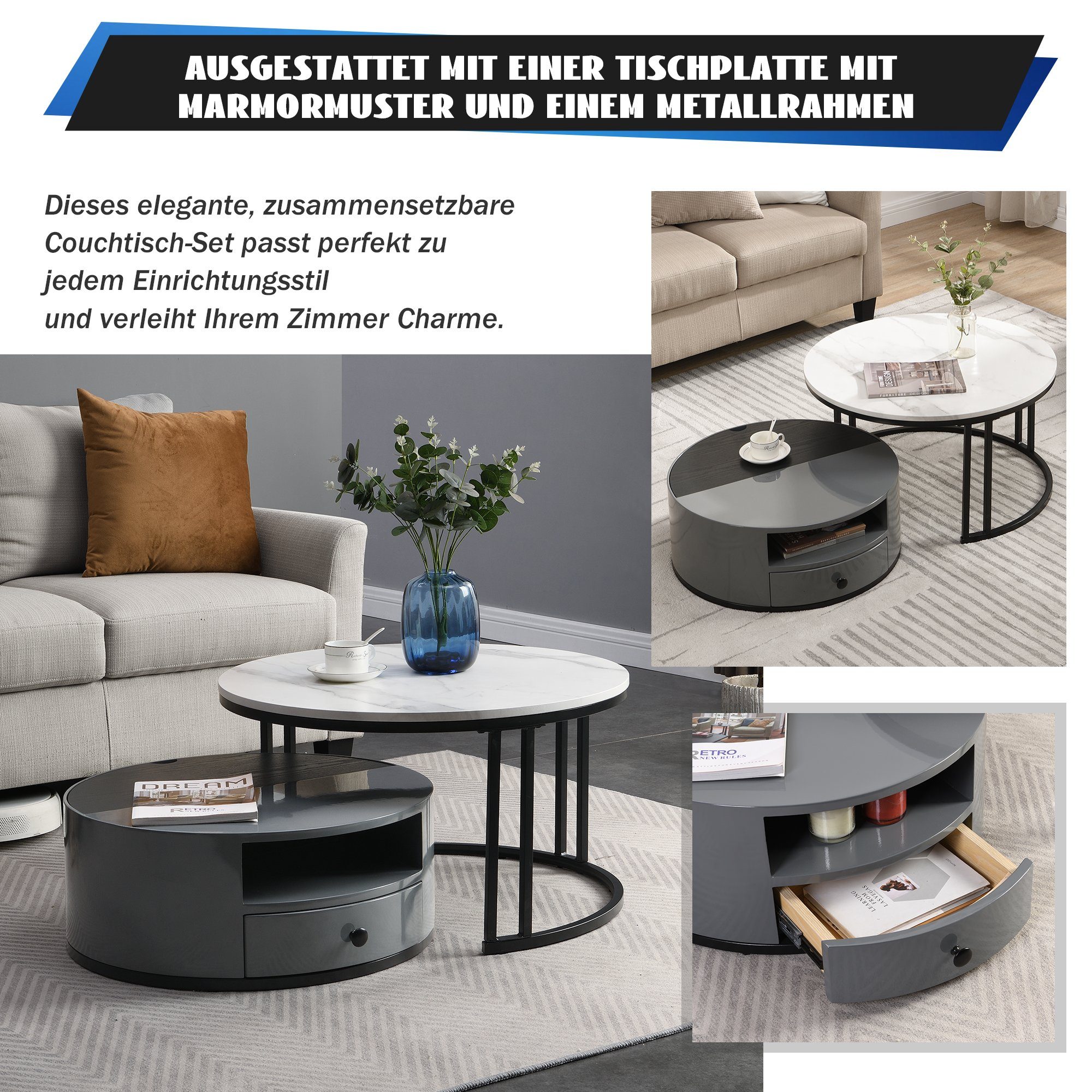 BlingBin Couchtisch Zweiteiliger Nesting-Couchtisch (1-St., 2er set, Schwarzer und grauer PVC-Marmor-Look und Aufbewahrung), mit Schublade und offener Stauraum, Staufach unter dem Schreibtisch