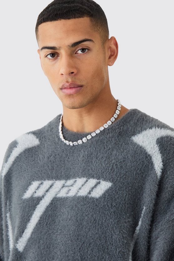 Fluffy Oversized Moto Knit Crew Neck Jumper