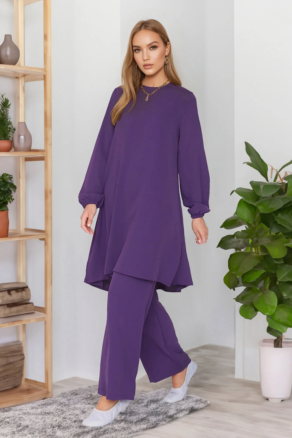 Trendyol Modest  Lila Aerobin Tunika-Hose mit elastischen Ärmeln und weitem Bein, gewebter Anzug TCTSS22US0023