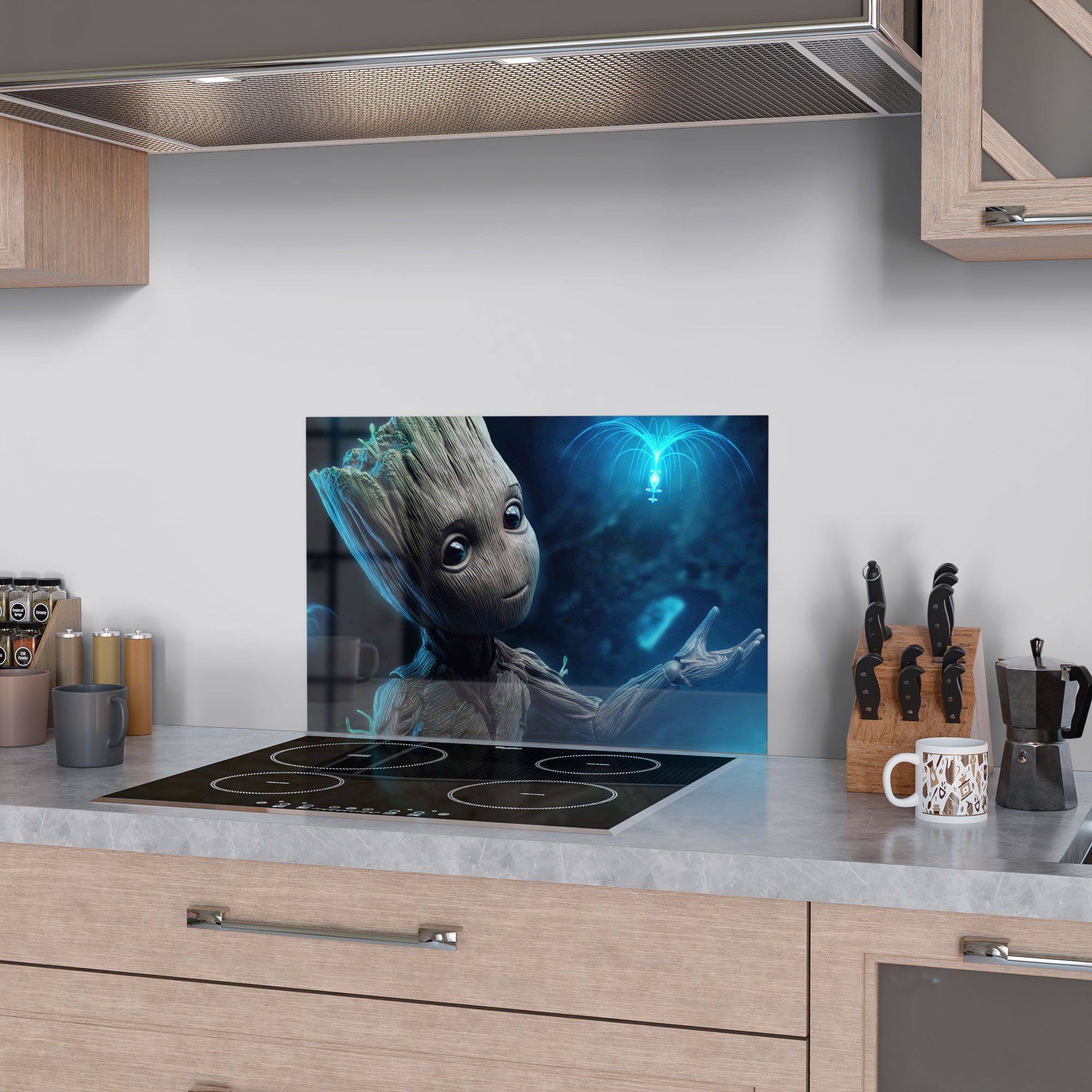 DEQORI Küchenrückwand 'Niedlicher Baby Groot', Glas Spritzschutz Badrückwand Herdblende