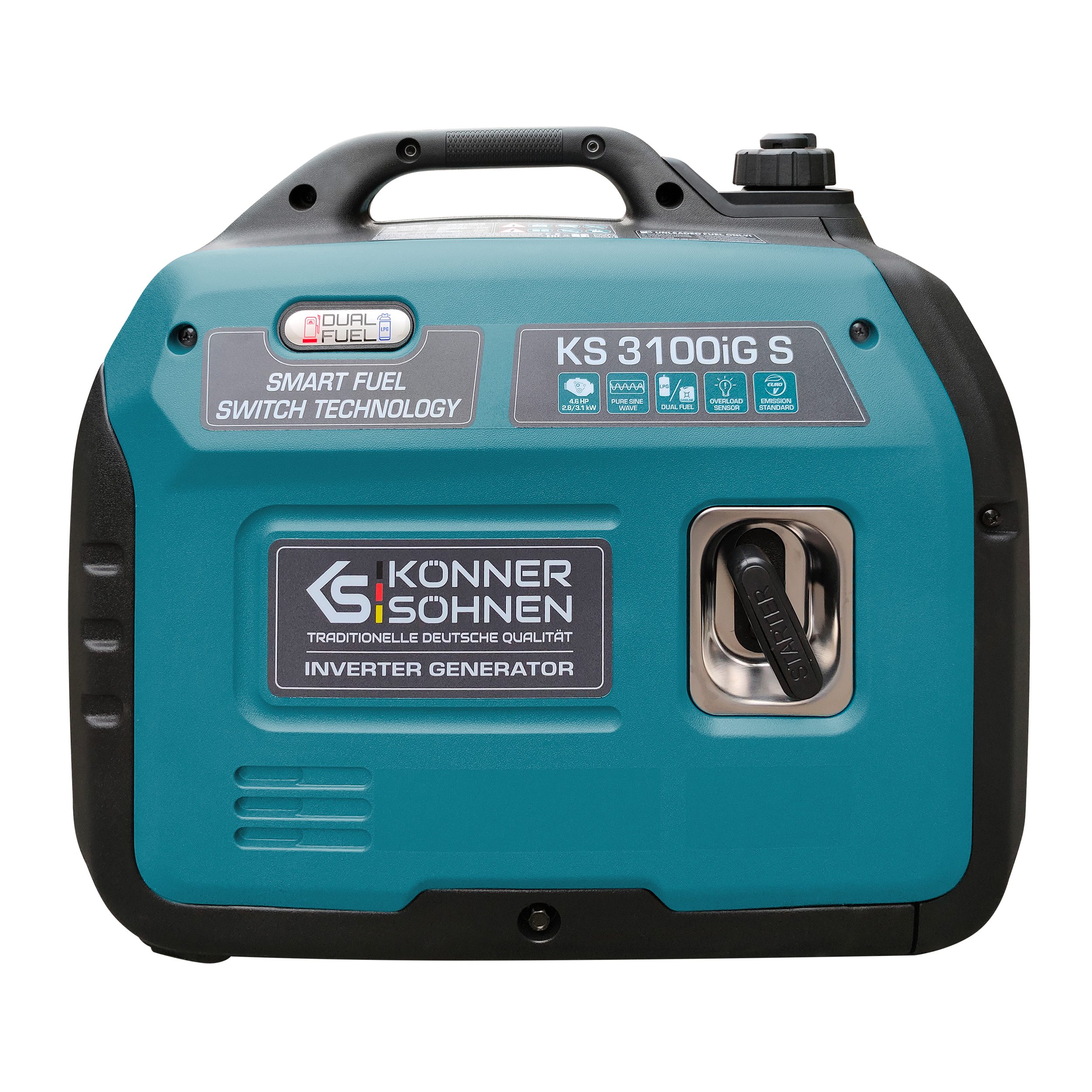 Könner & Söhnen Stromerzeuger KS 3100iG S, 3,10 in kW, (Schallgedämmtes Gehäuse (63 dB Lpa 7 m), 1-tlg., Schuko-Steckdose 230 V, 2 USB-Anschlüsse, LED-Anzeige), Kupferwicklungen, Kurzschluss- und Überlastschutz, Abgasnorm EURO V