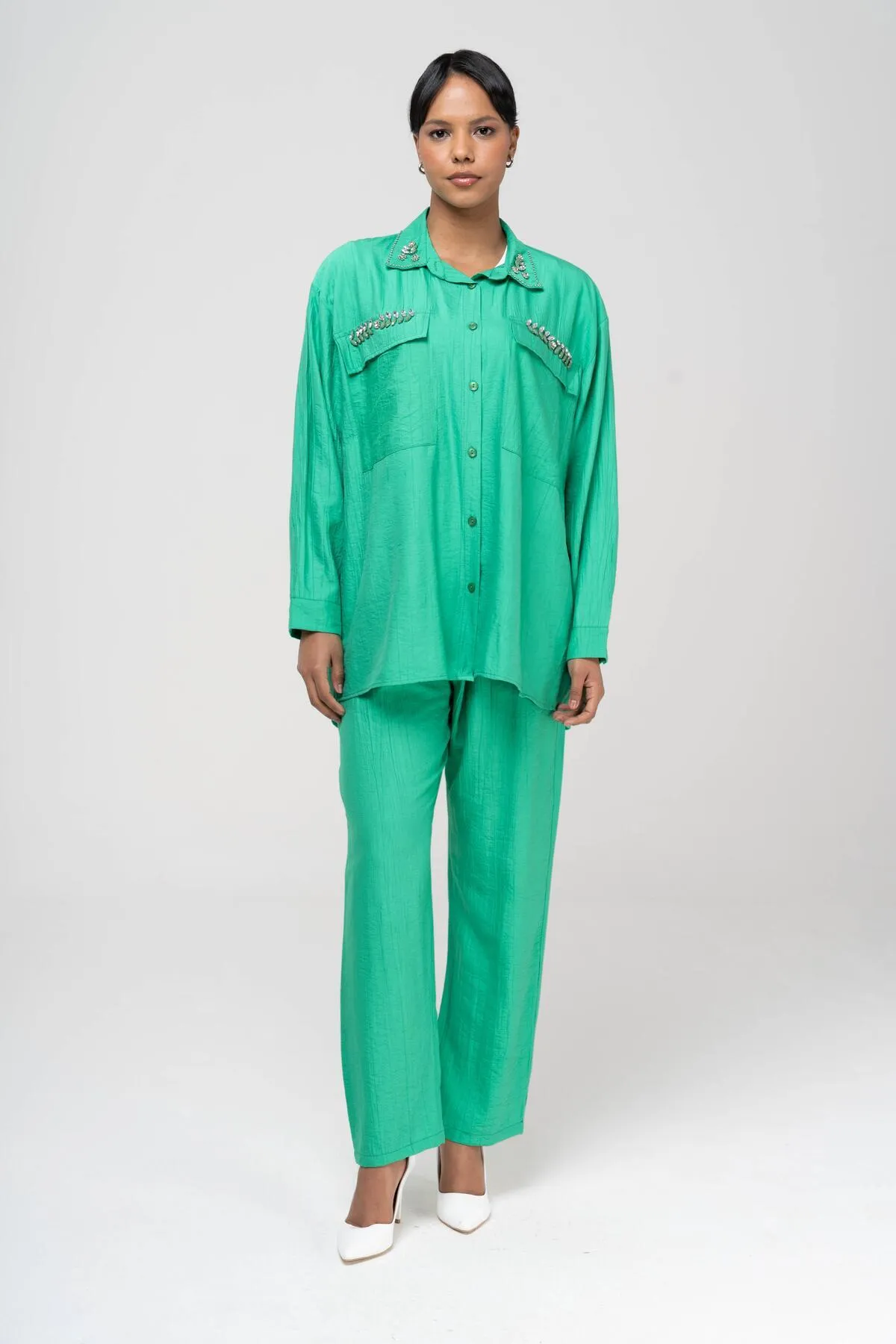 Olcay  Tuniği Hosenset mit elastischer Taille und Steindetail GRÜN 9222-TK