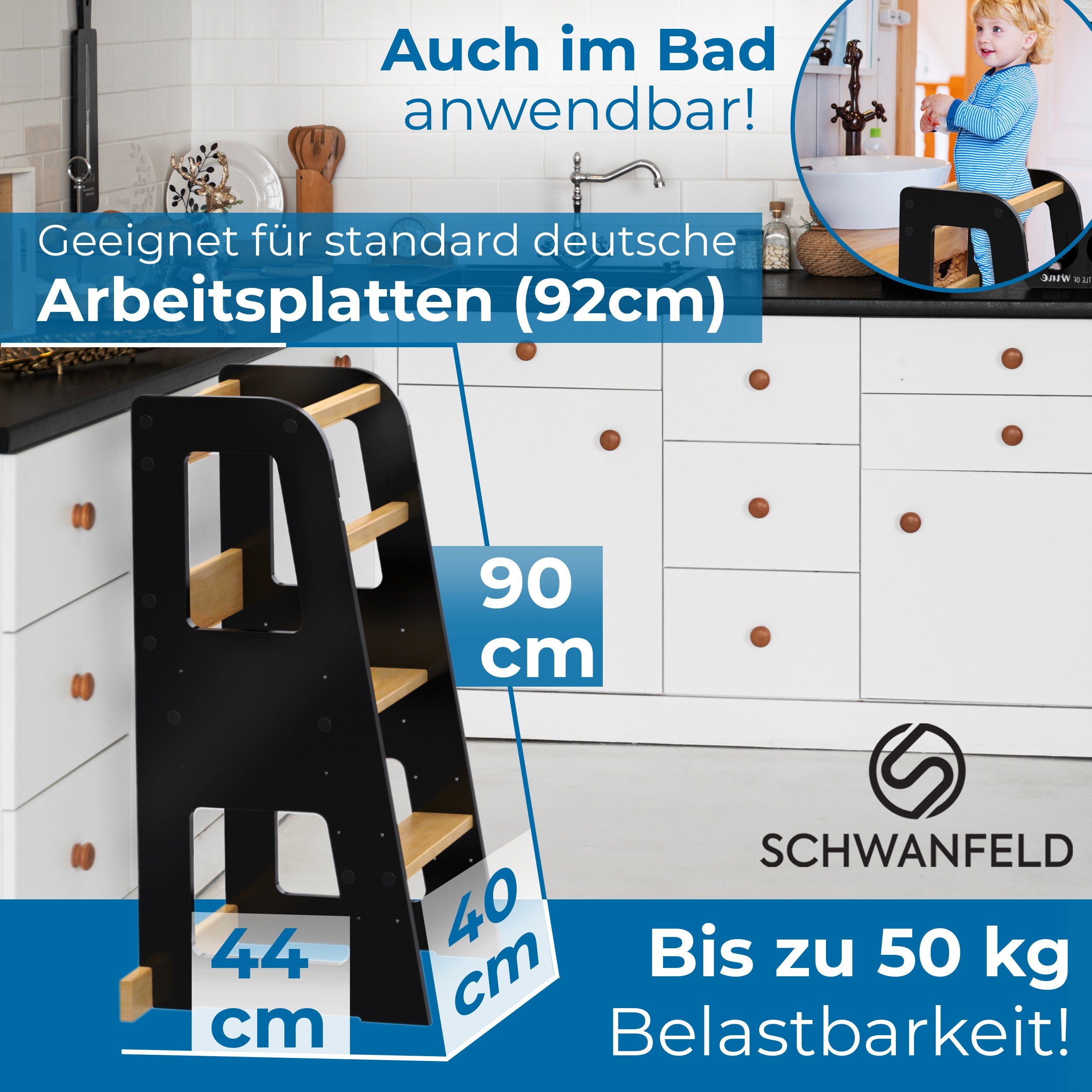 Schwanfeld Stehhilfe - Lernturm ab 1 Jahr [Anti Kipp Schutz] (inkl. Montagezubehör (Montessori Lernturm aus bruchsicherem FSC Massivholz), (bis zu 50kg belastbar), Learning Tower 3 Level (höhenverstellbar)