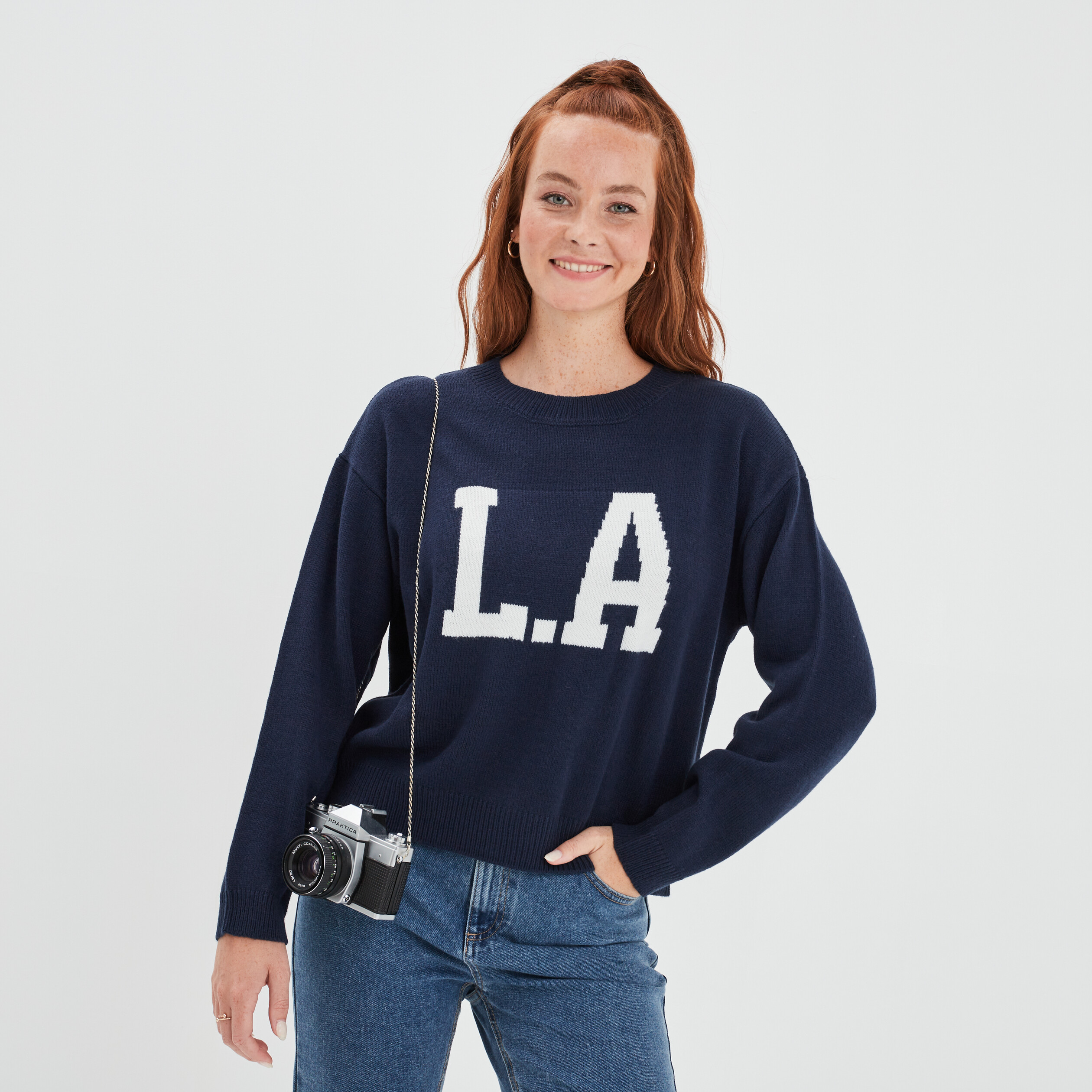 Pull col rond manches longues Creeks bleu marine femme | La Halle