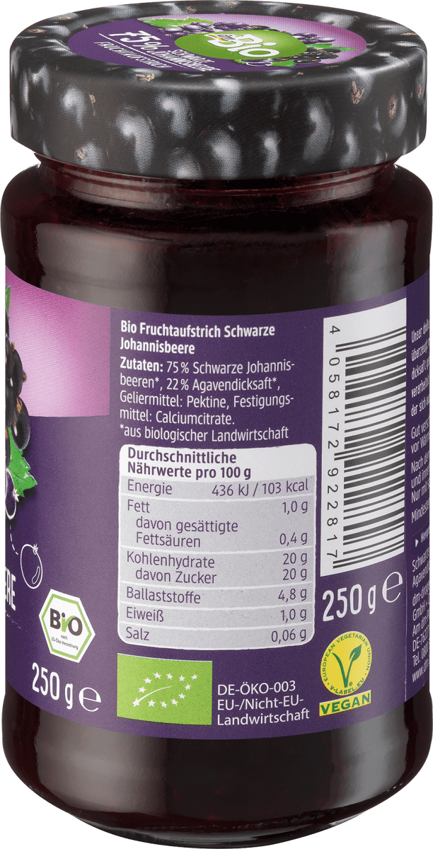 Fruchtaufstrich, Schwarze Johannisbeere 75 %, 250 g