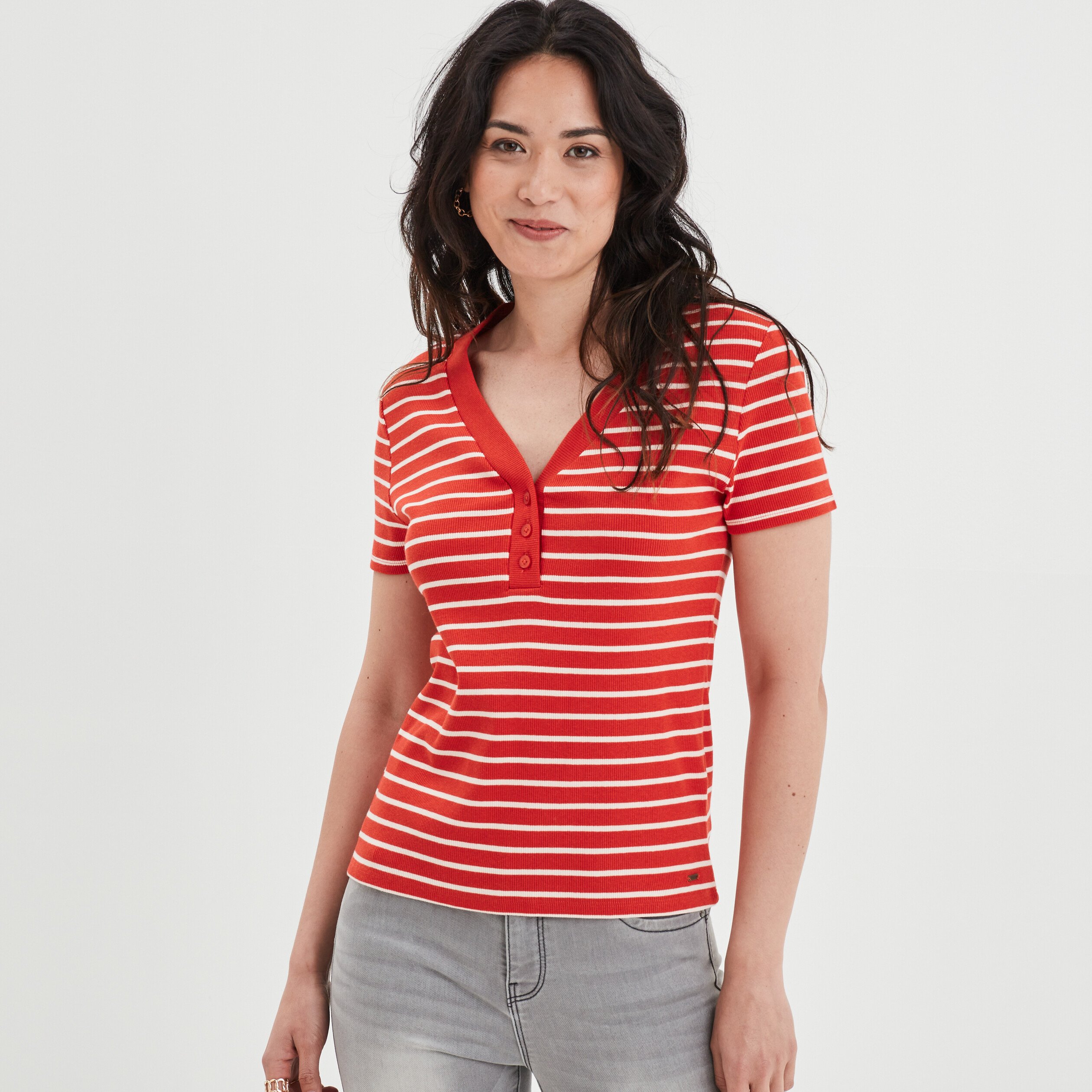 T-shirt côtelé col tunisien rouge femme | La Halle