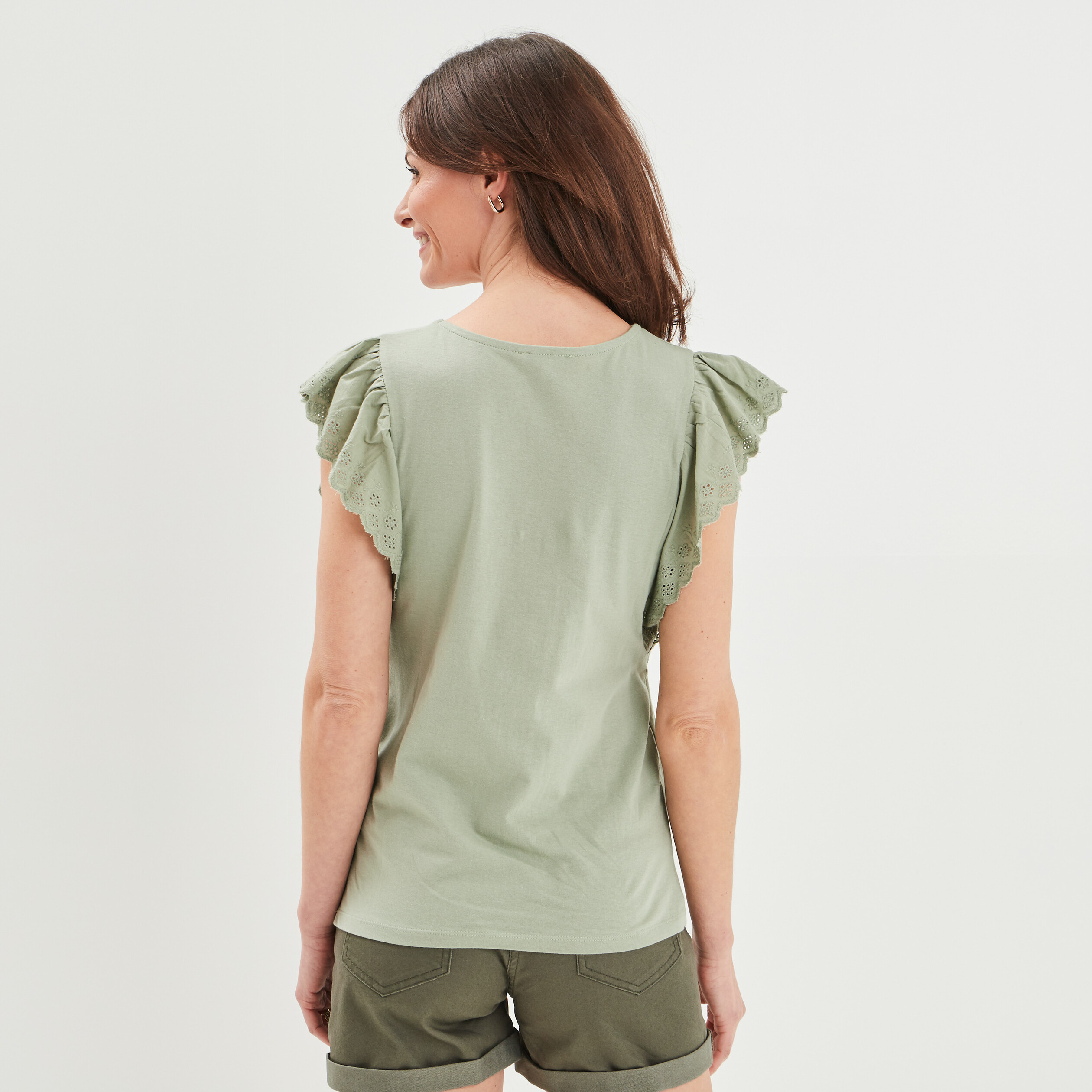 T-shirt manches courtes volantées vert kaki femme | La Halle