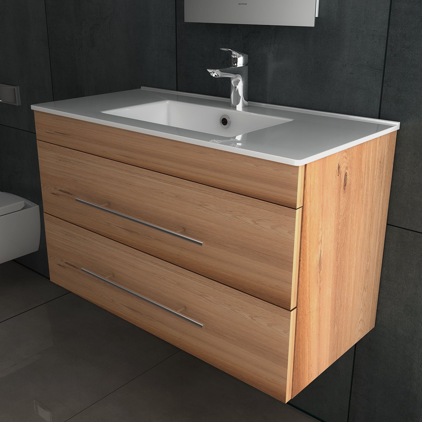 Alpenberger Badmöbel-Set Bad Unterschrank & Waschbecken Set – Waschtisch Gäste WC, (2-tlg., Badezimmermöbel Vormontiert mit Nano Becken), Waschbeckenunterschrank Breite 80 cm für Badezimmer in Bamboo