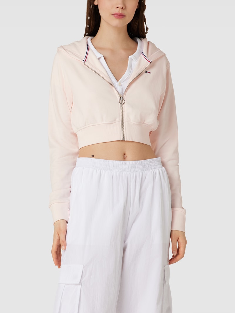 Cropped Sweatjacke mit Label-Stitching in hellrosa