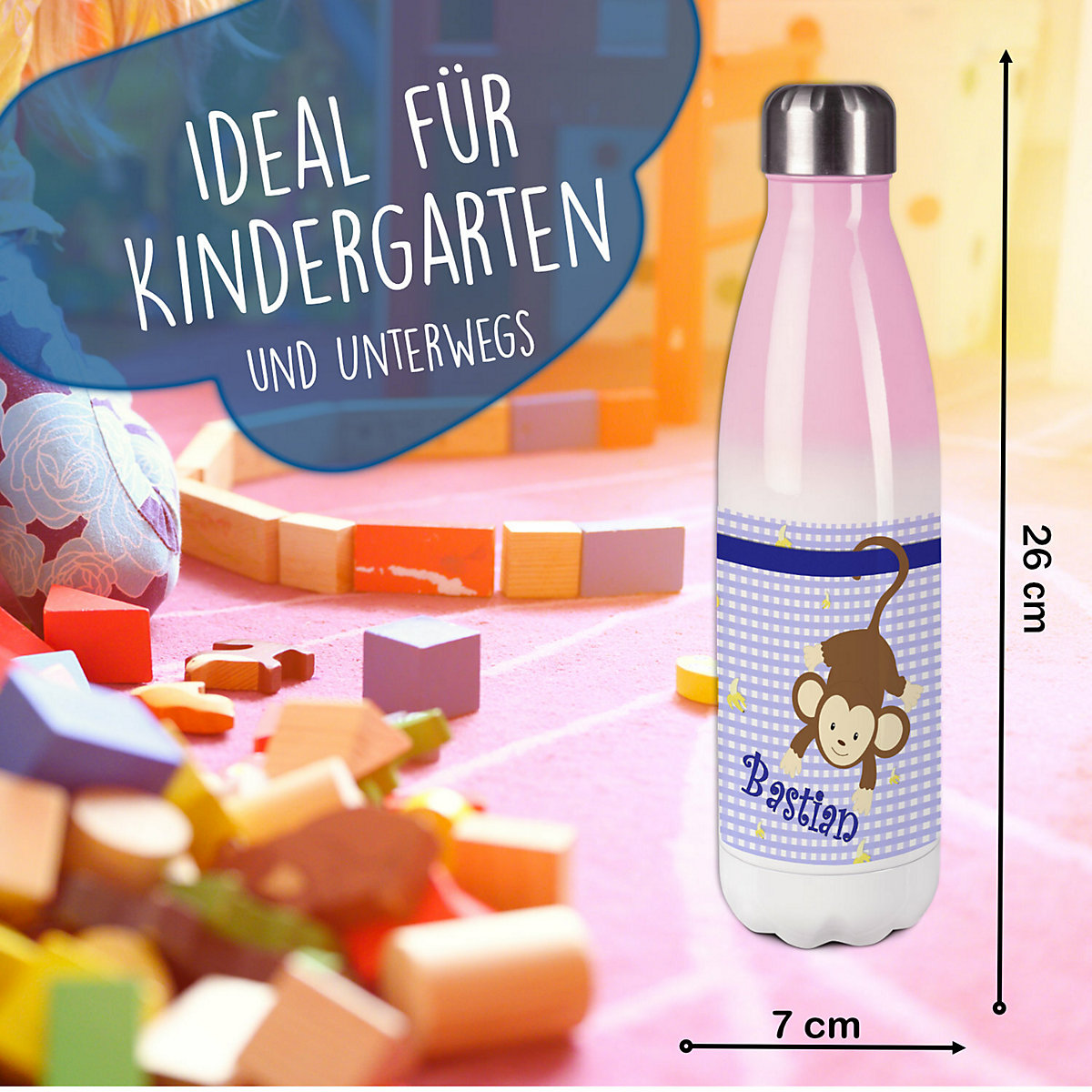 Edelstahl Kinder Thermoflasche / Trinkflasche bunt Affe hängend Farbe blau Spülmaschinenfest, Auslaufsicher, Bruchfest, Doppelwandig, Für Heißgetränke geeignet, Mit Deckel, Isoliert