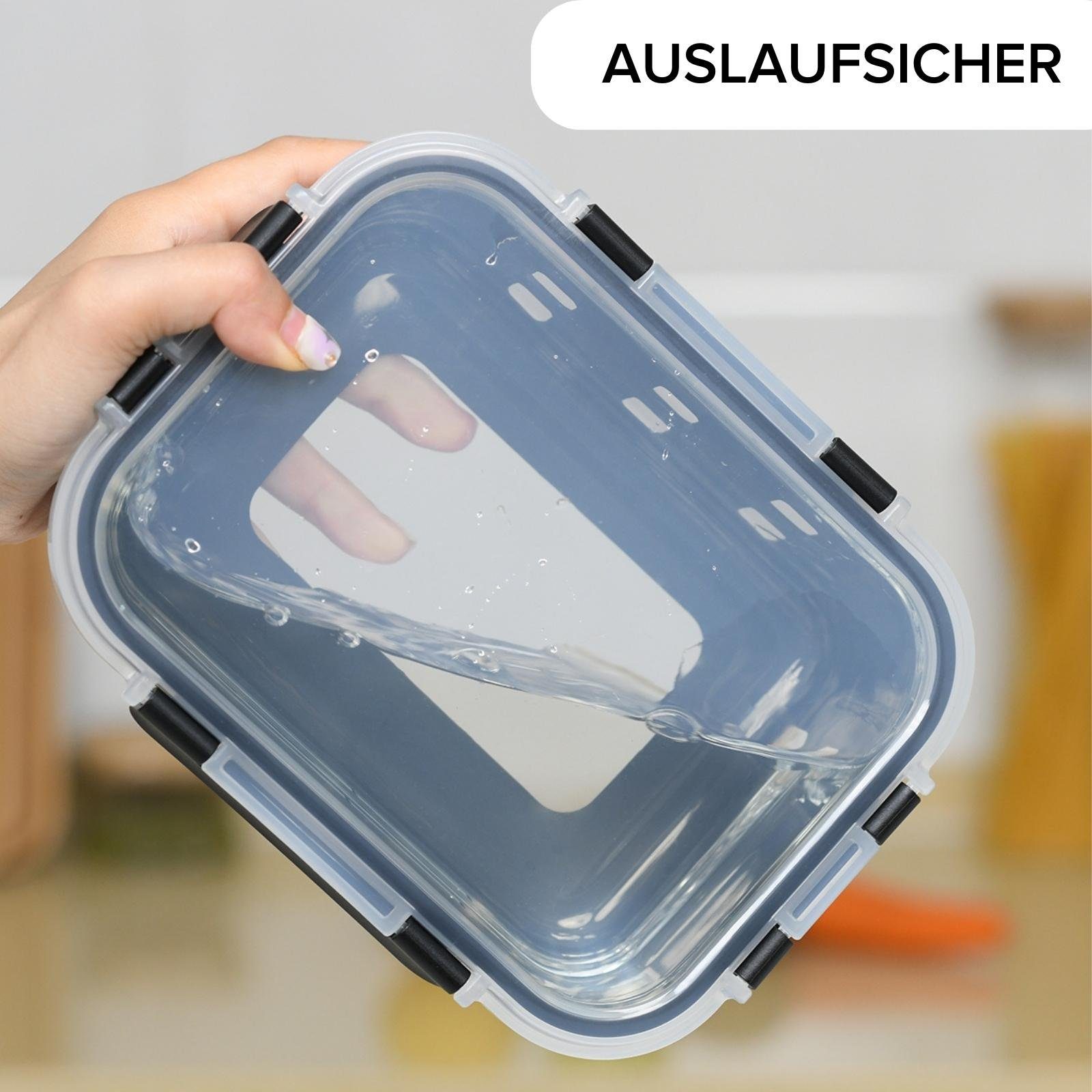 PIE LOCK Vorratsdose Vorratsdosen Glas mit Deckel - Frischhaltedosenset, Borosilikatglas, (PIE LOCK, 4 tlg. rechteckig, Vorratsdosen-Set, Borosilikatglas, Silikonüberzieher, 370ml, 640ml, 1040ml, 1520ml, stapelbar, Frischhaltedose, Brotdose, Meal Pre
