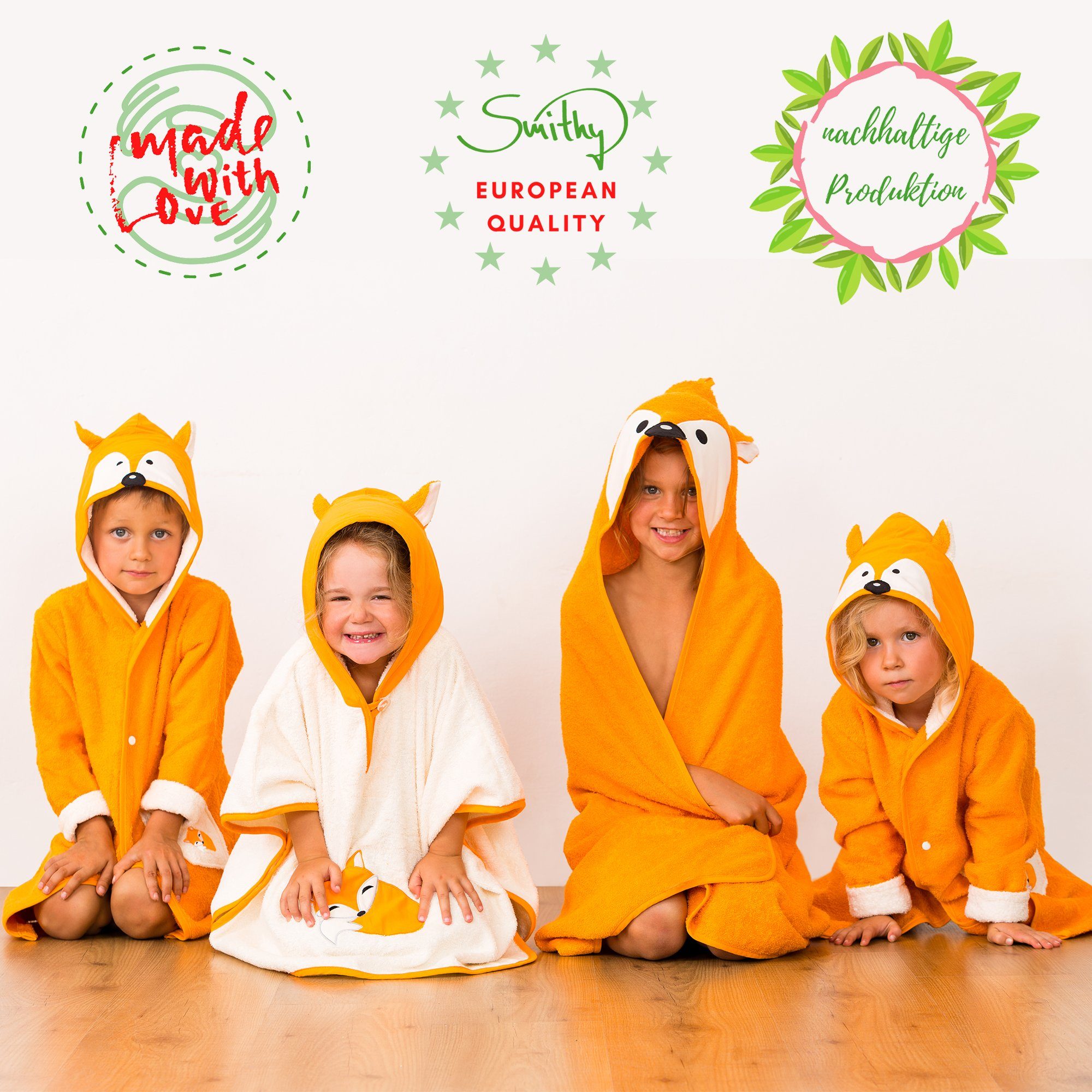 Smithy Kinderbademantel Fuchs mit Druckknopfverschluss, Frottee, Kapuze, Knöpfe, made in Europe