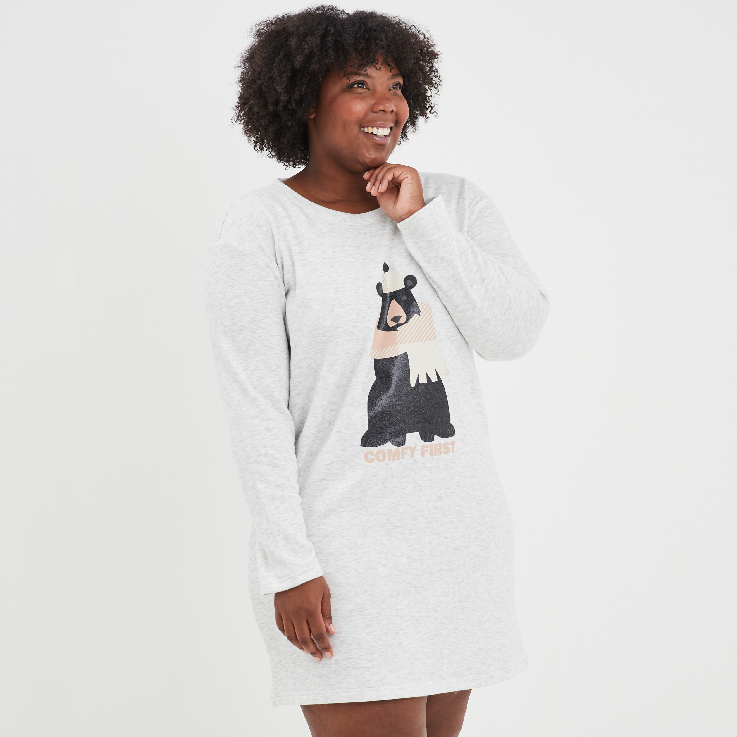 Chemise de nuit droite courte doublée gris clair femme grande taille | La Halle