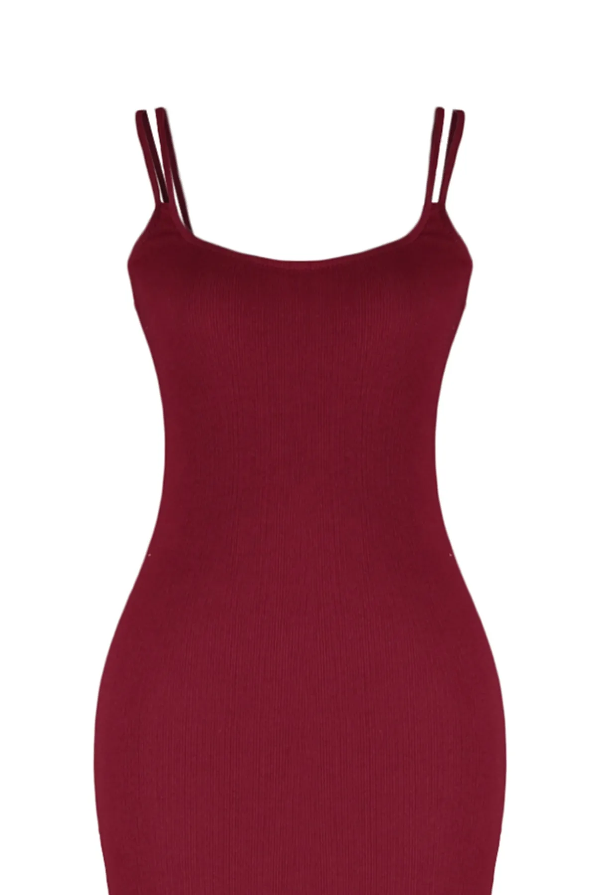 Trendyol Collection  Burgunderrotes, geripptes, flexibles Midi-Strickkleid mit doppelten Trägern und Trägern TWOSS22EL2452