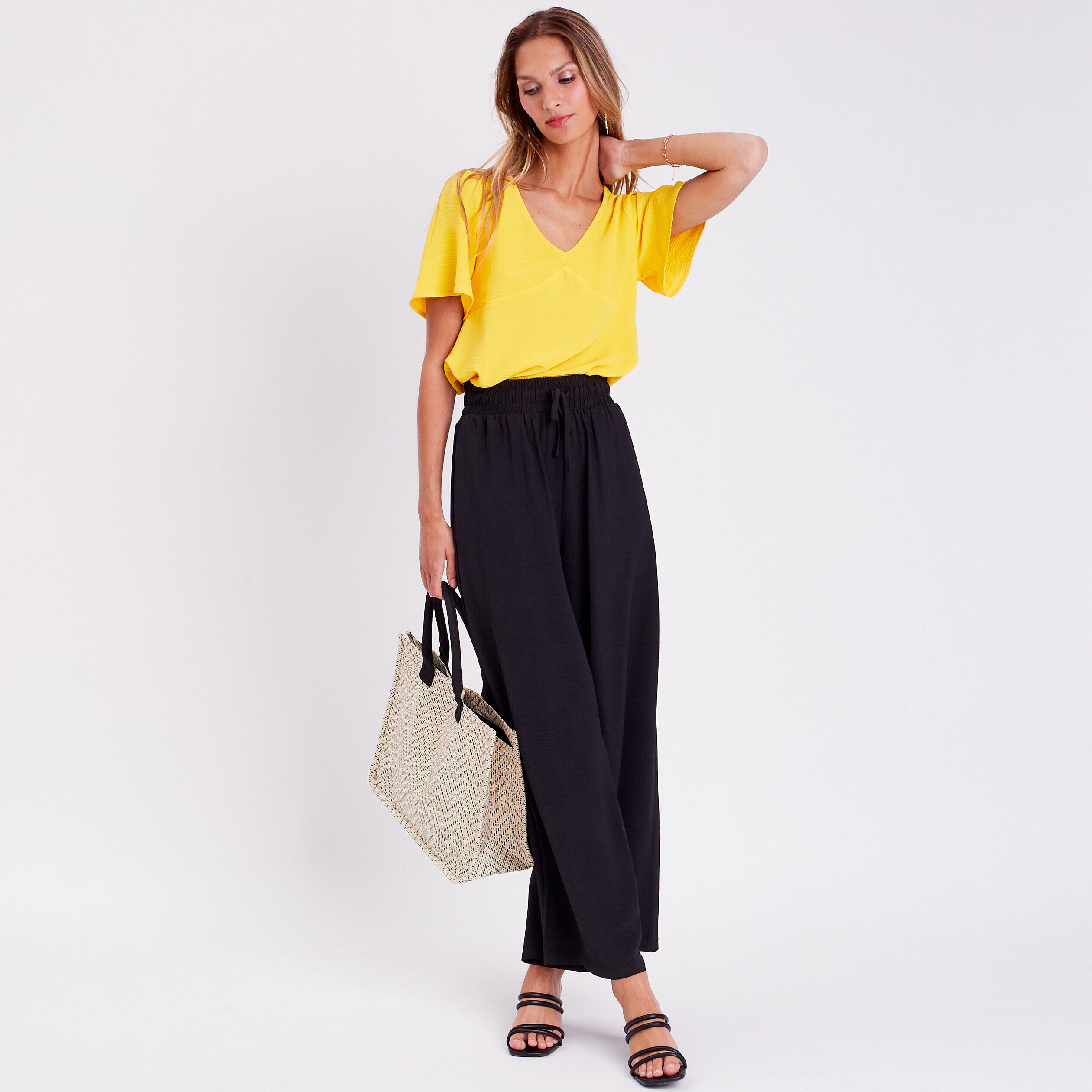 Blouse col en V dos ouvert jaune moutarde femme | Cache Cache
