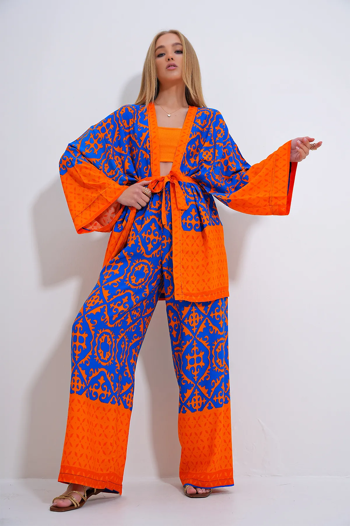 Trend Alaçatı Stili  Saks Orange Kimono und Palazzo-Hosen-Set - ALC-X11751