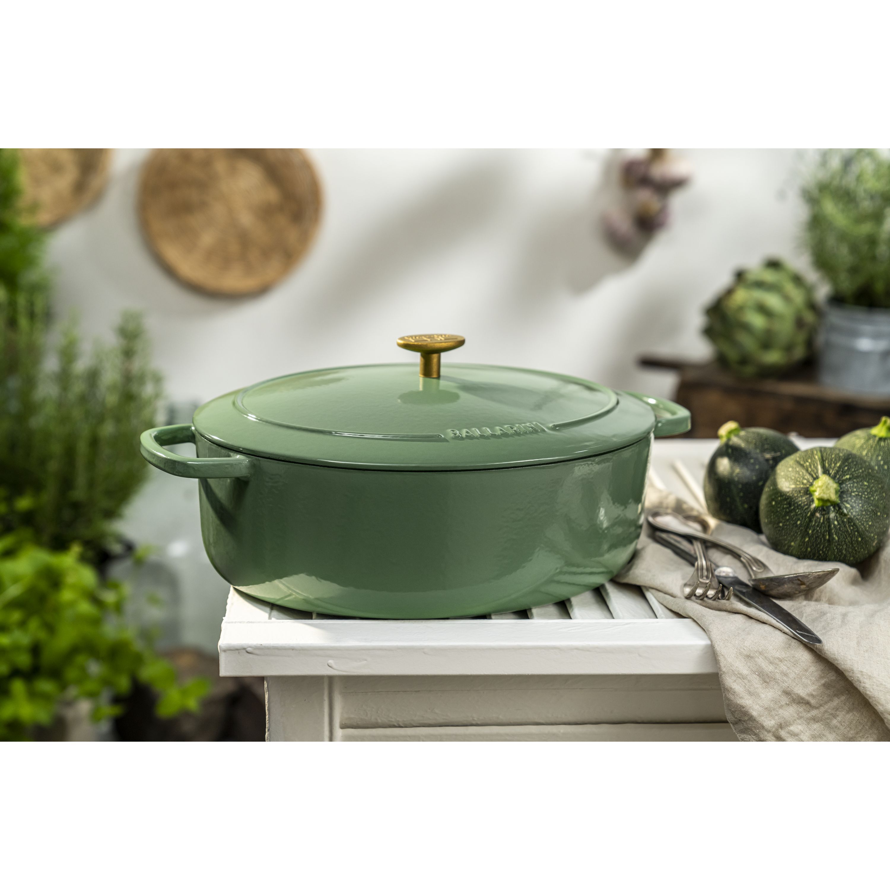 Cocotte 29 cm, oval, Grün, Gusseisen
