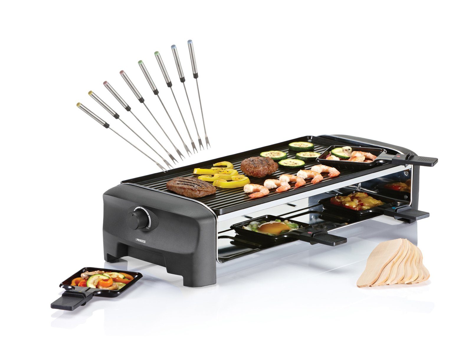 Setpoint Raclette, 8 Raclettepfännchen, 1400 W, großes XL Gerät für 2-8 Personen Tisch-Grill wendbare Platte & Gabeln