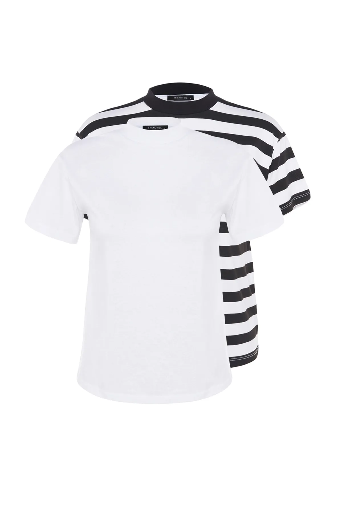 Trendyol Collection  Weiß-schwarz-weiß gestreiftes Basic-Strick-T-Shirt mit Stehkragen im 2er-Pack TWOSS20TS1500
