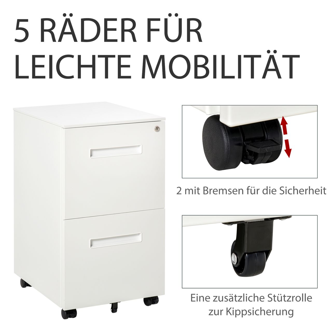 Vinsetto Rollcontainer Aktenschrank mit 2 Schubladen Abschließbarer Rollschrank
