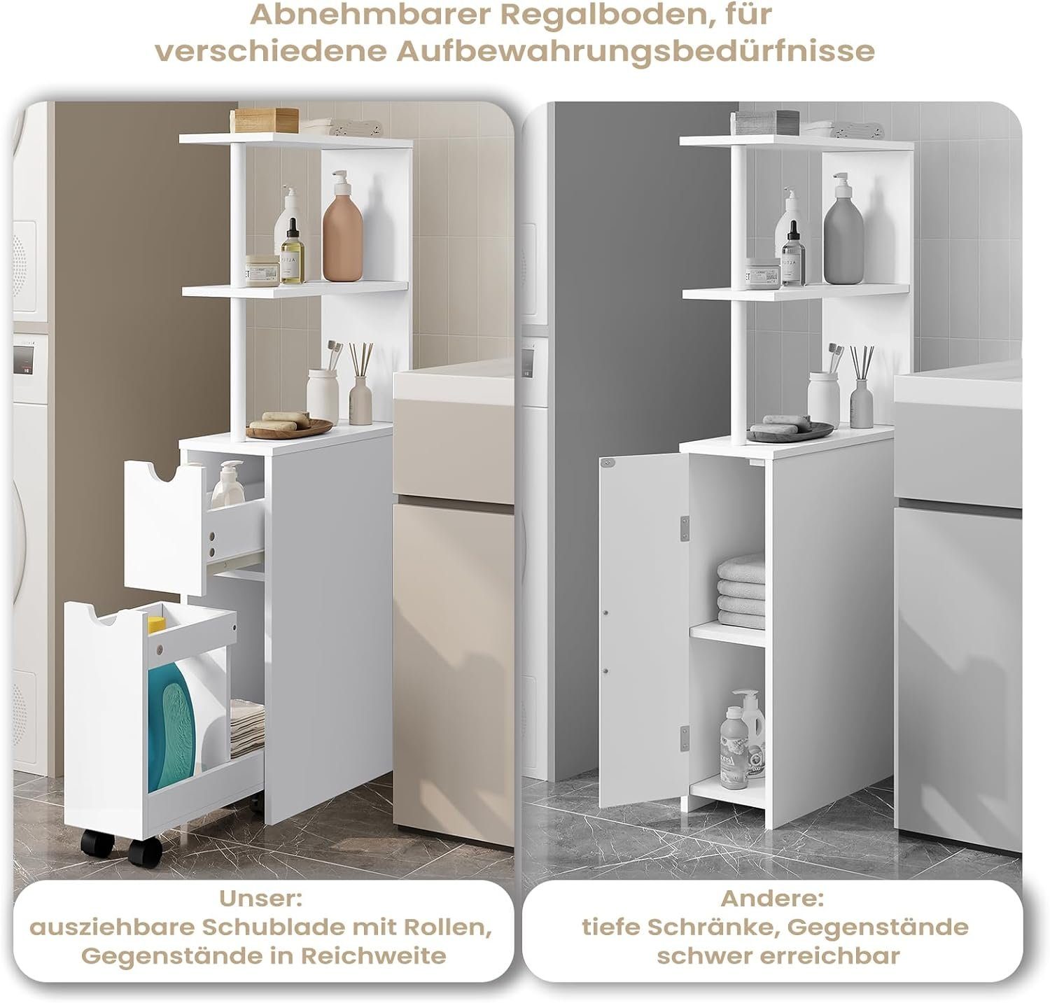 EUGAD Mehrzweckschrank (1-St) Nischenschrank schmal, mit Schublade auf Rollen, Weiß