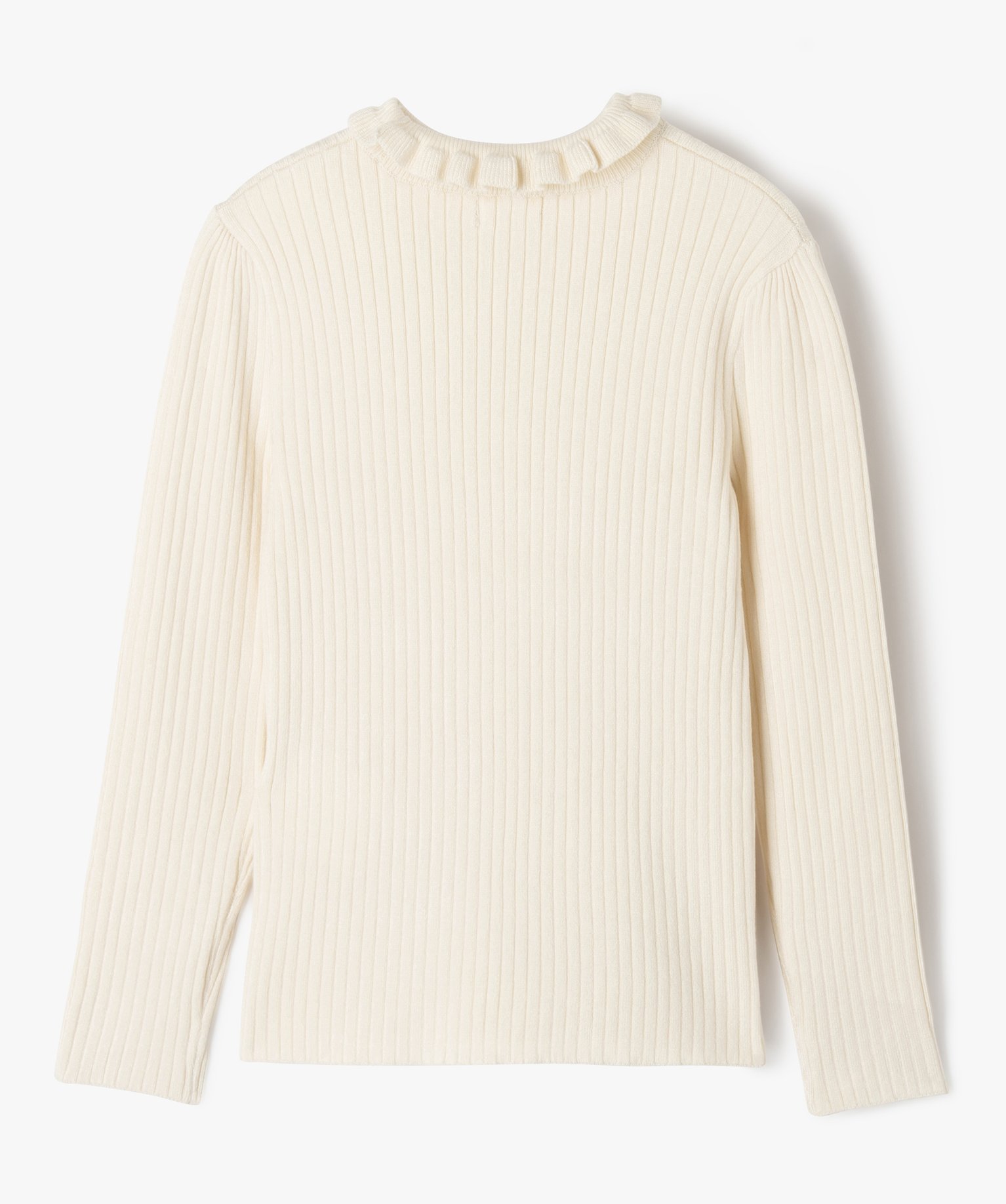 Pull en maille ctelée avec col montant froncé fille ecru | GEMO