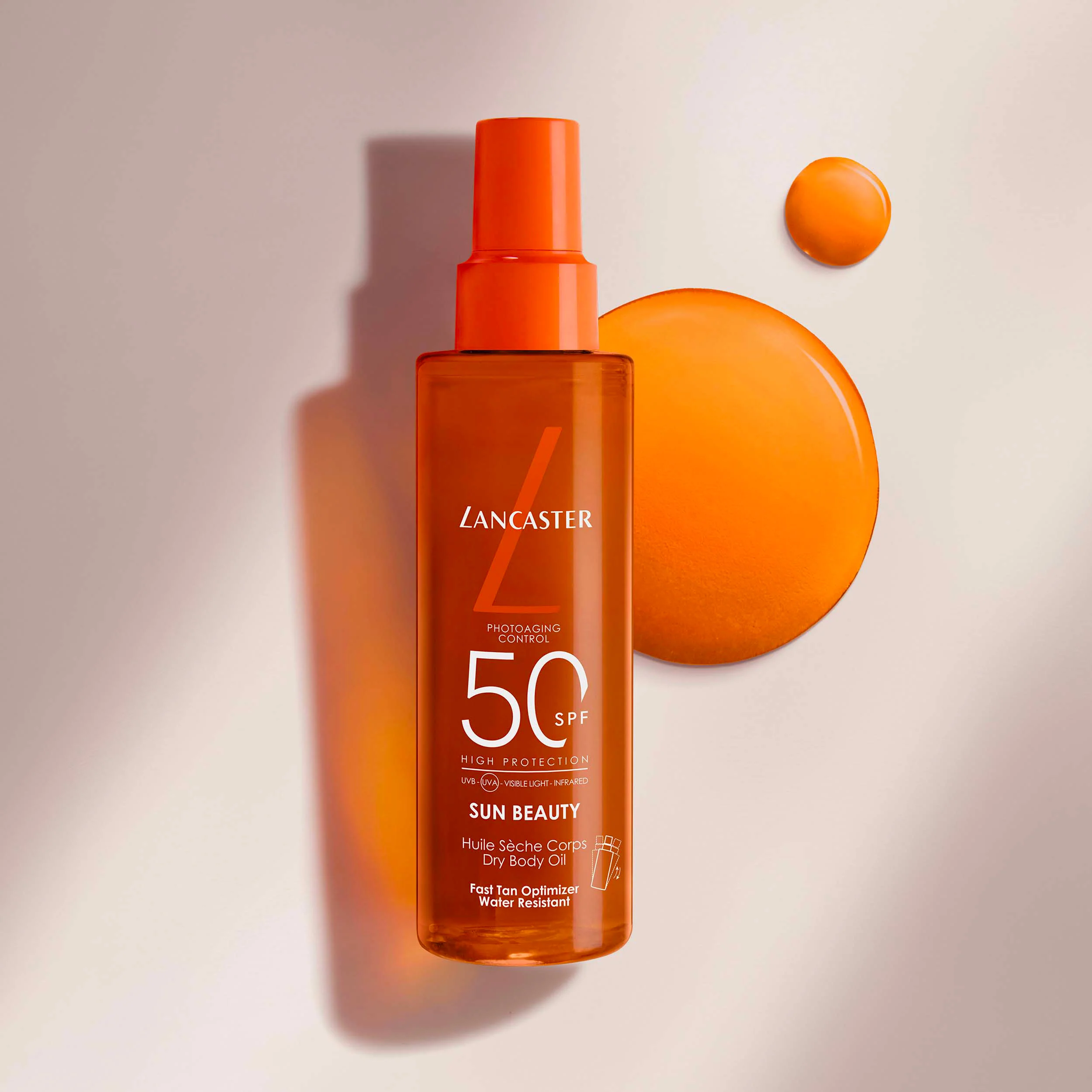Aceite corporal seco satinado Sun Beauty SPF50 - Aceite corporal solar de alta protección.