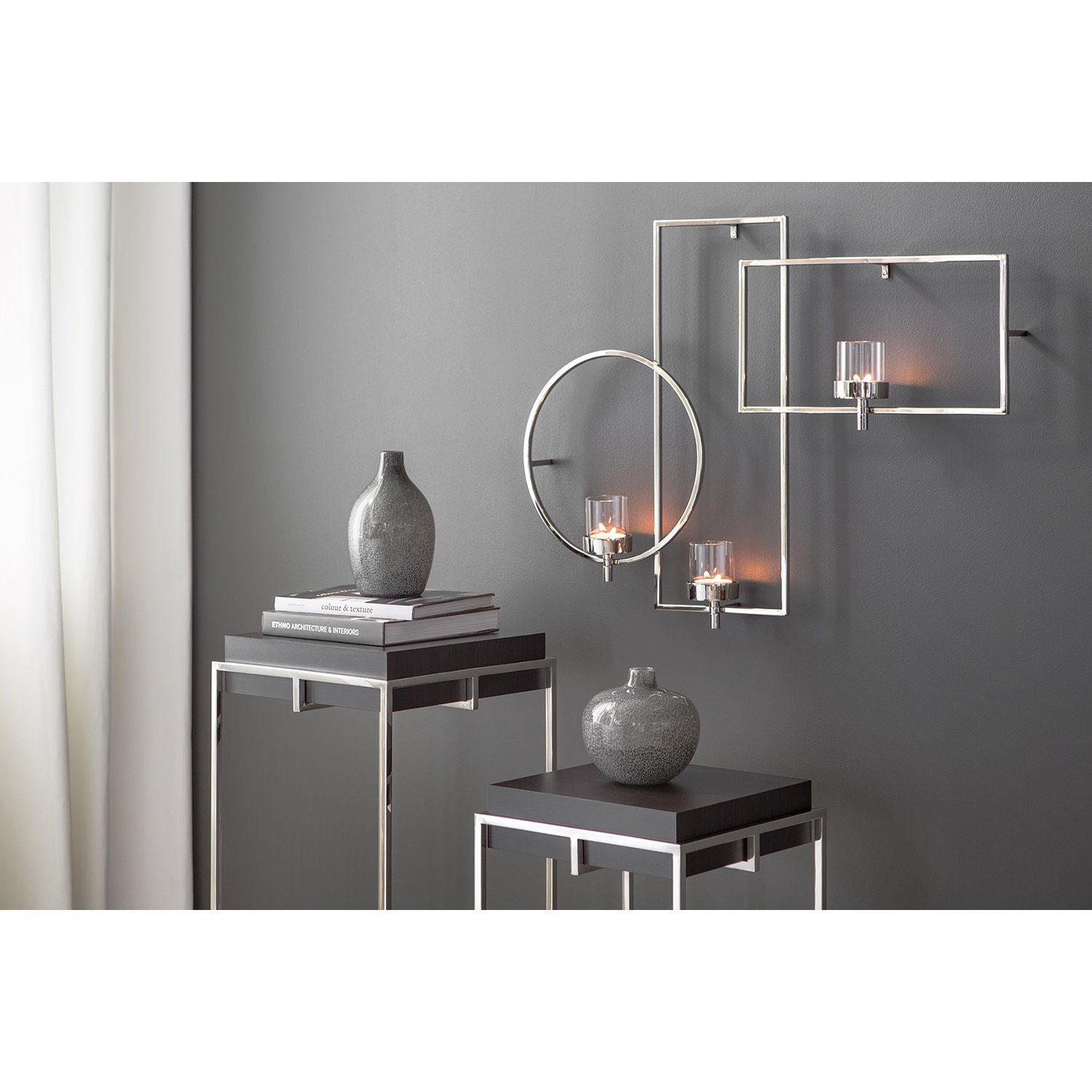 Fink Wandkerzenhalter Wandleuchter Escala - silberfarben -Metall/Glas - H.65cm x B.88cm, vernickelt - 3-flammig