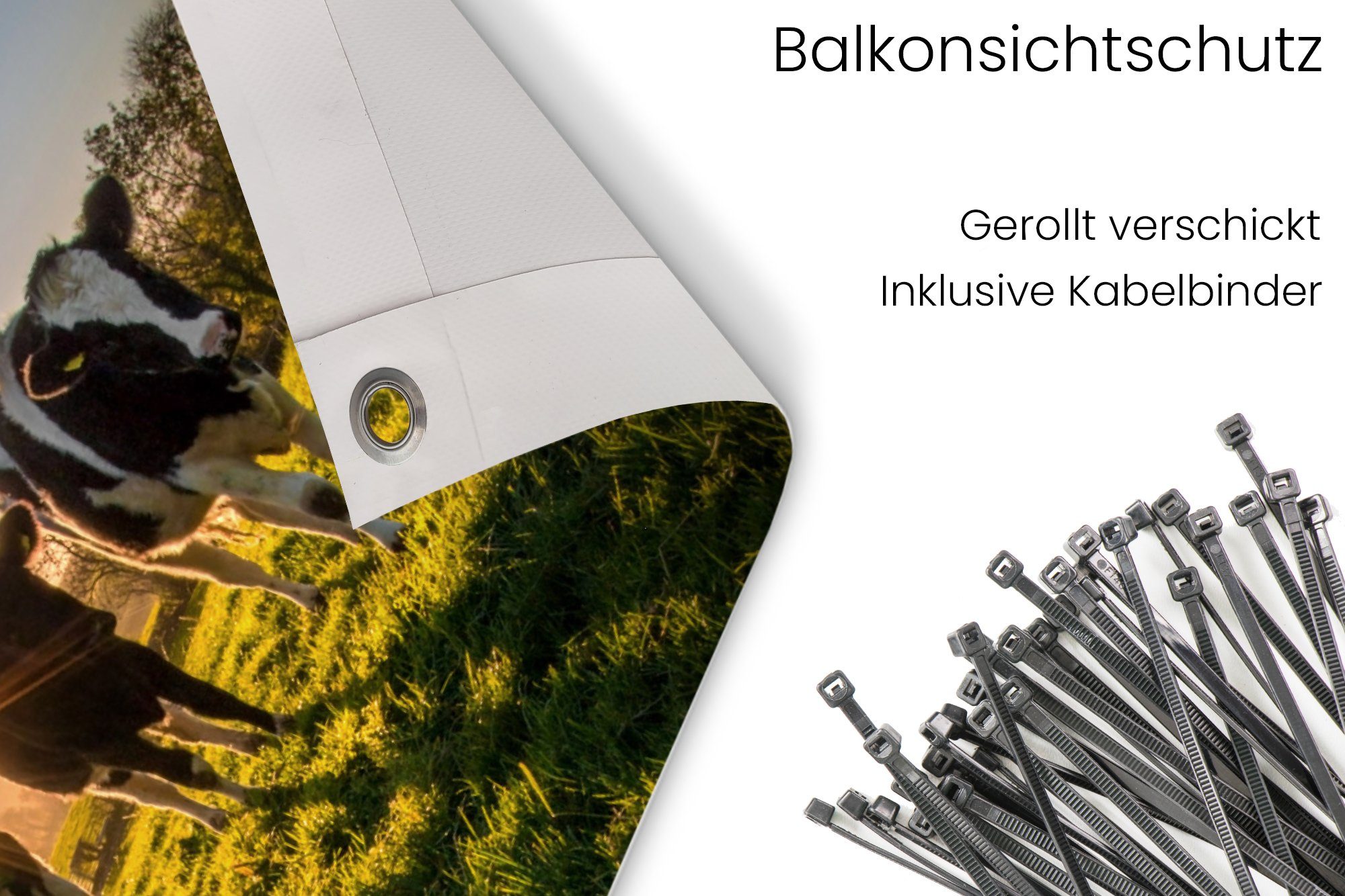MuchoWow Balkonsichtschutz Kühe - Sonne - Gras - Tiere - Bauernhof (1-St) Balkonbanner, Sichtschutz für den Balkon, Robustes und wetterfest