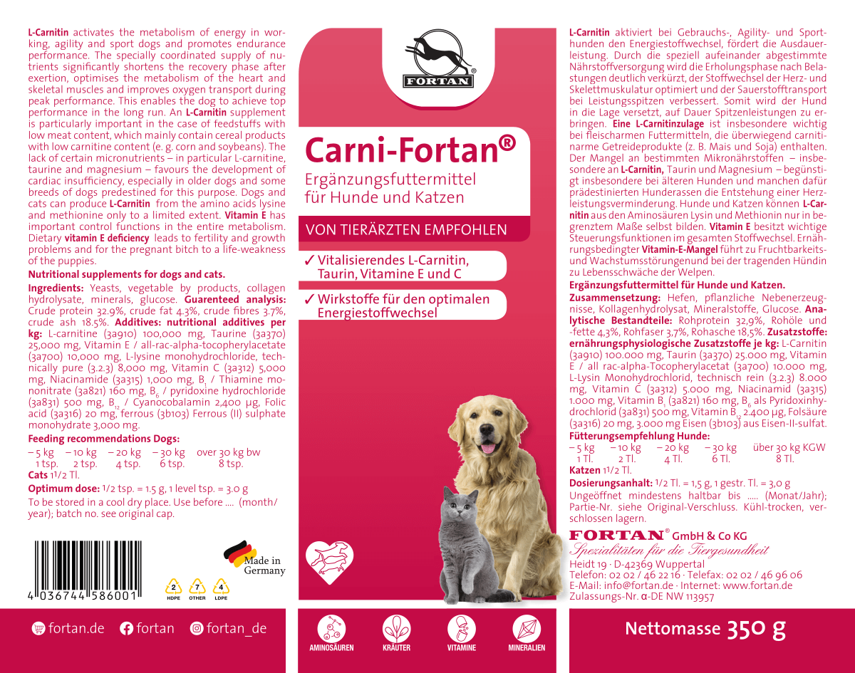 Fortan Ergänzungsfutter & Aufzucht Fortan Carni-Fortan Pulver mit L-Carnitin 350 g