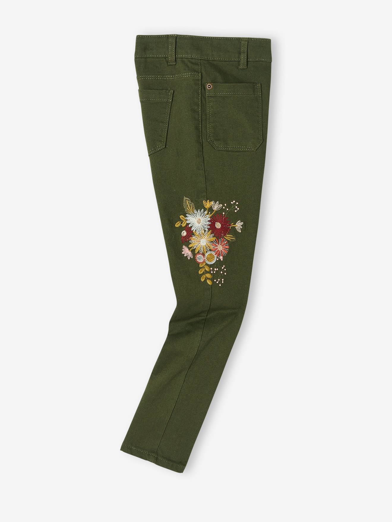 Pantalon slim brodé fleurs fille taille haute vert