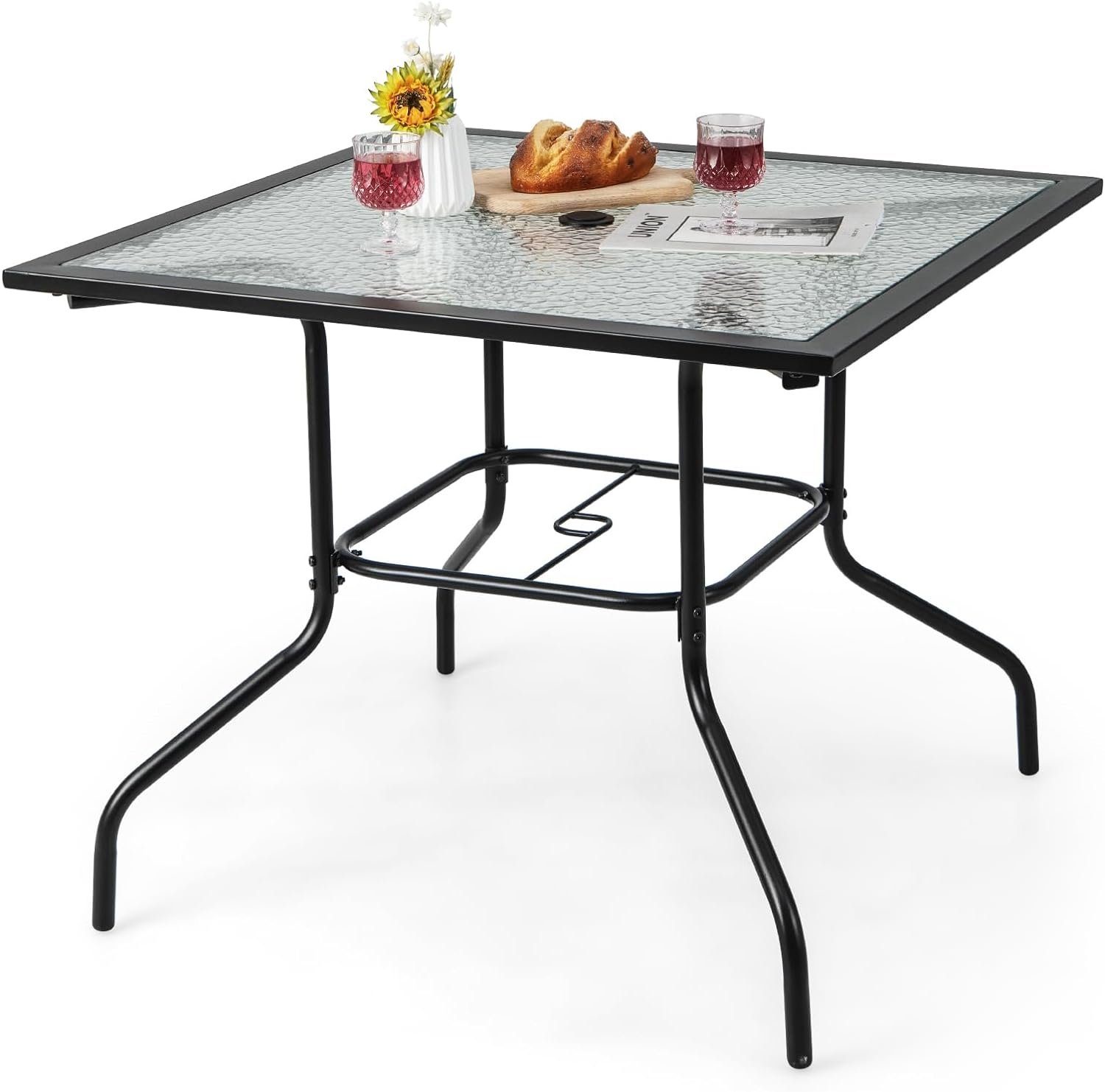 KOMFOTTEU Gartentisch Bistrotisch, mit Glasplatte & 38mm Schirmloch, 89×89 cm