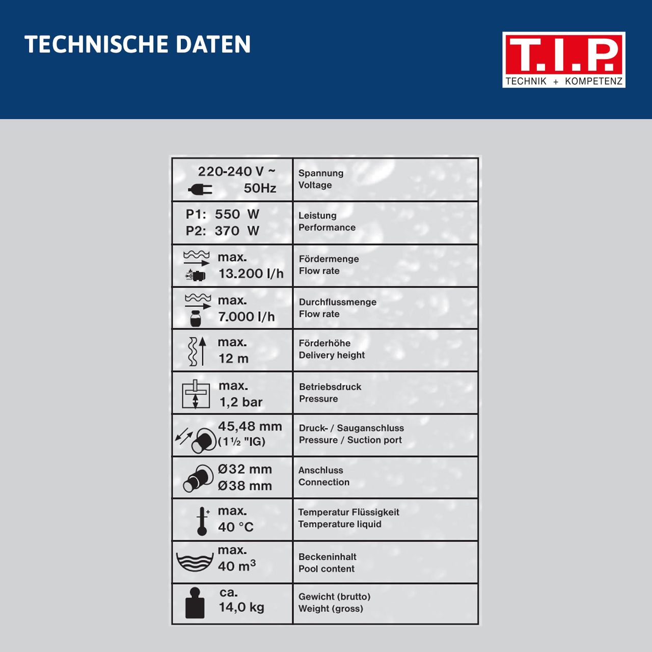 T.I.P. T.I.P. SPF 370 F Poolfilteranlage, Durchfluss max.: 7.000 l/h, Leistung: 550 W