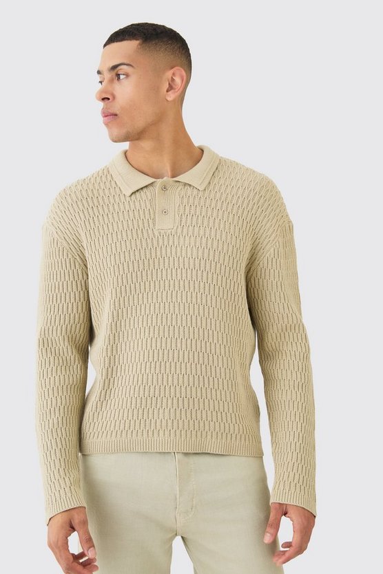 Langärmliges strukturiertes Poloshirt